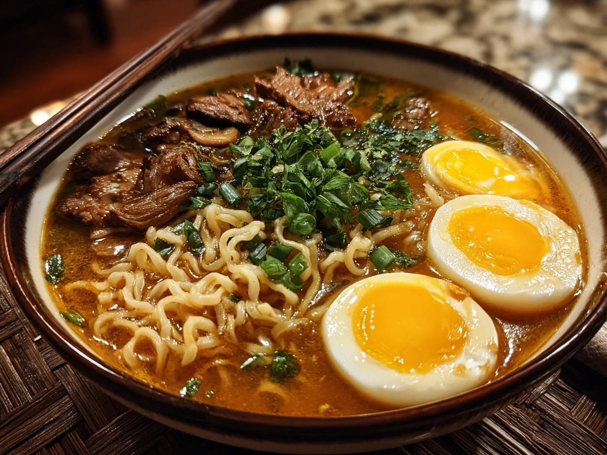 Final bowl of homemade Ramen Noodle Soup with toppings