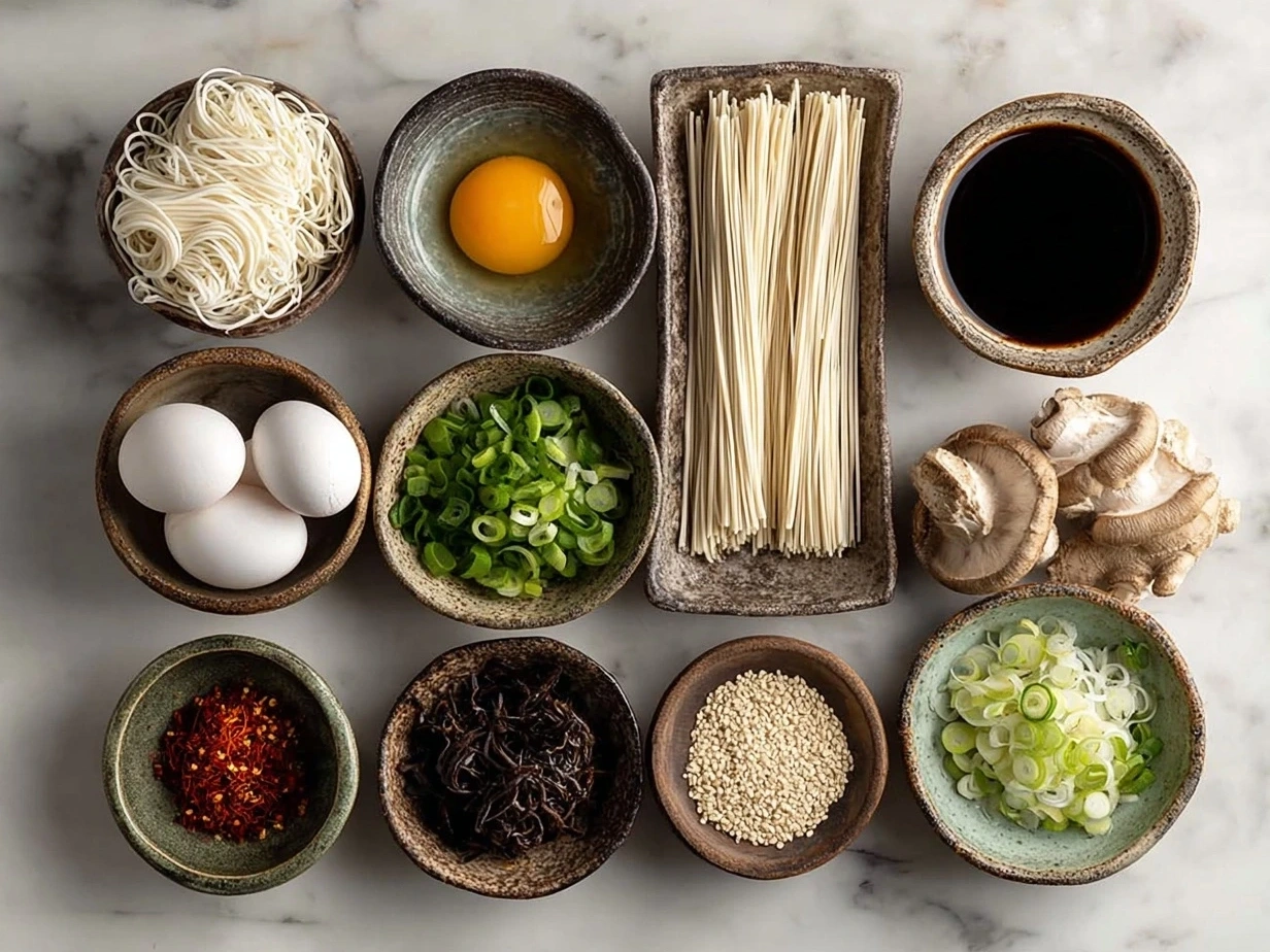 Ingredients for Ramen Noodle Soup laid out on a table