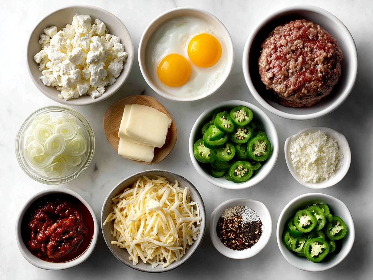 Raw ingredients for Cheddar Jalapeño Burgers including ground beef, diced jalapeños, shredded cheddar cheese, onion, and garlic