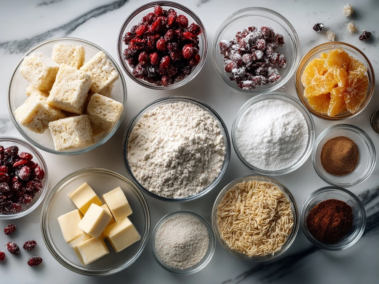 Ingredients for Christmas Cranberry Orange Cookies including butter, sugar, flour, cranberries and oranges
