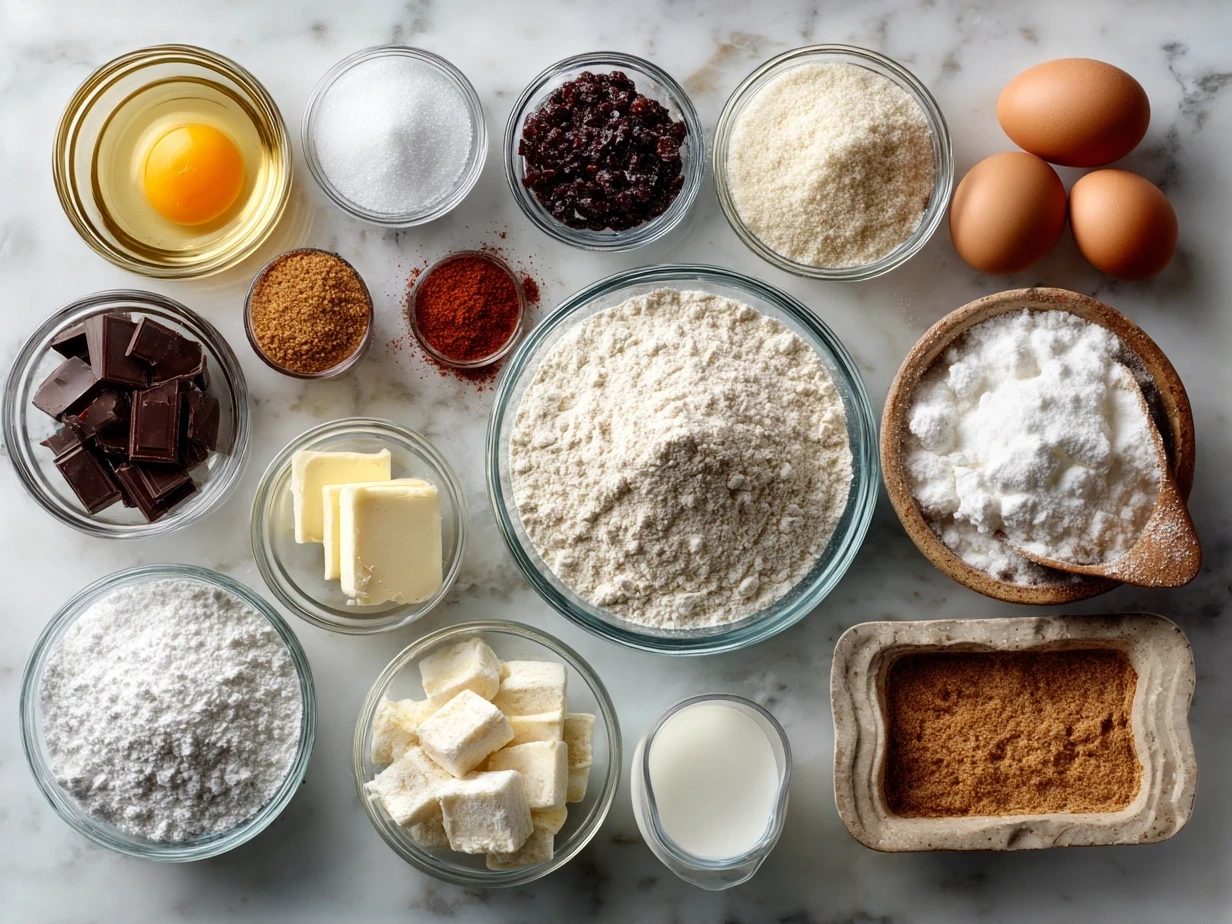 Ingredients for Christmas Sugar Cookie Pie, including flour, butter, sugar, cream cheese, and sprinkles