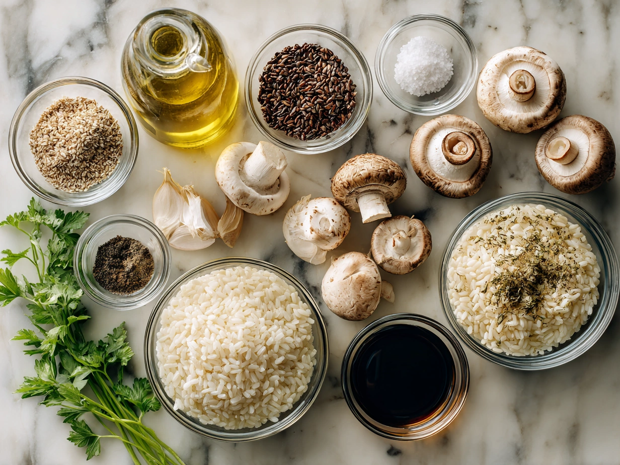 Raw ingredients needed for a delicious mushroom risotto including mushrooms, shallots, rice, broth, cheese and seasonings.
