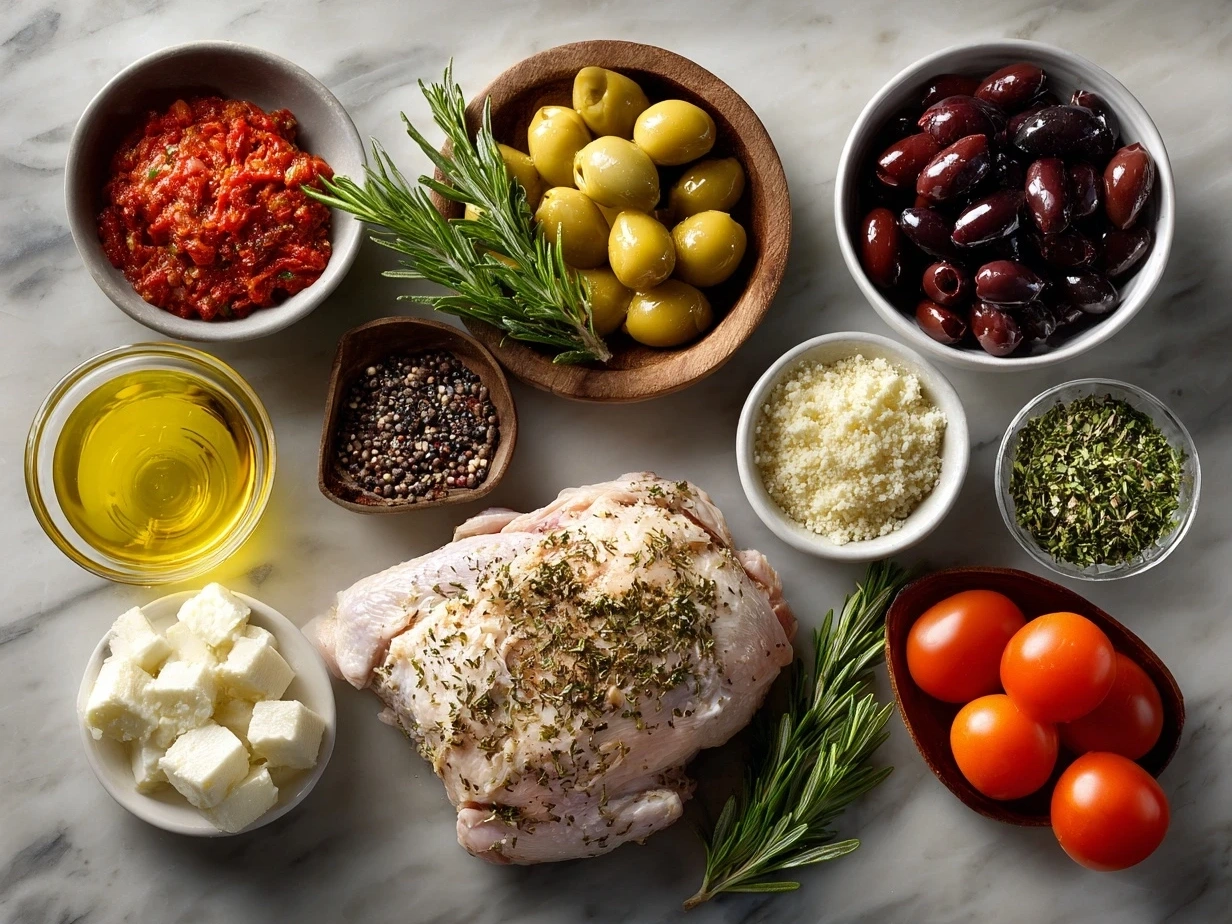 Raw ingredients for slow cooker Greek chicken including chicken thighs, garlic, lemon, oregano, kalamata olives, feta cheese, olive oil, smoked paprika, and onion