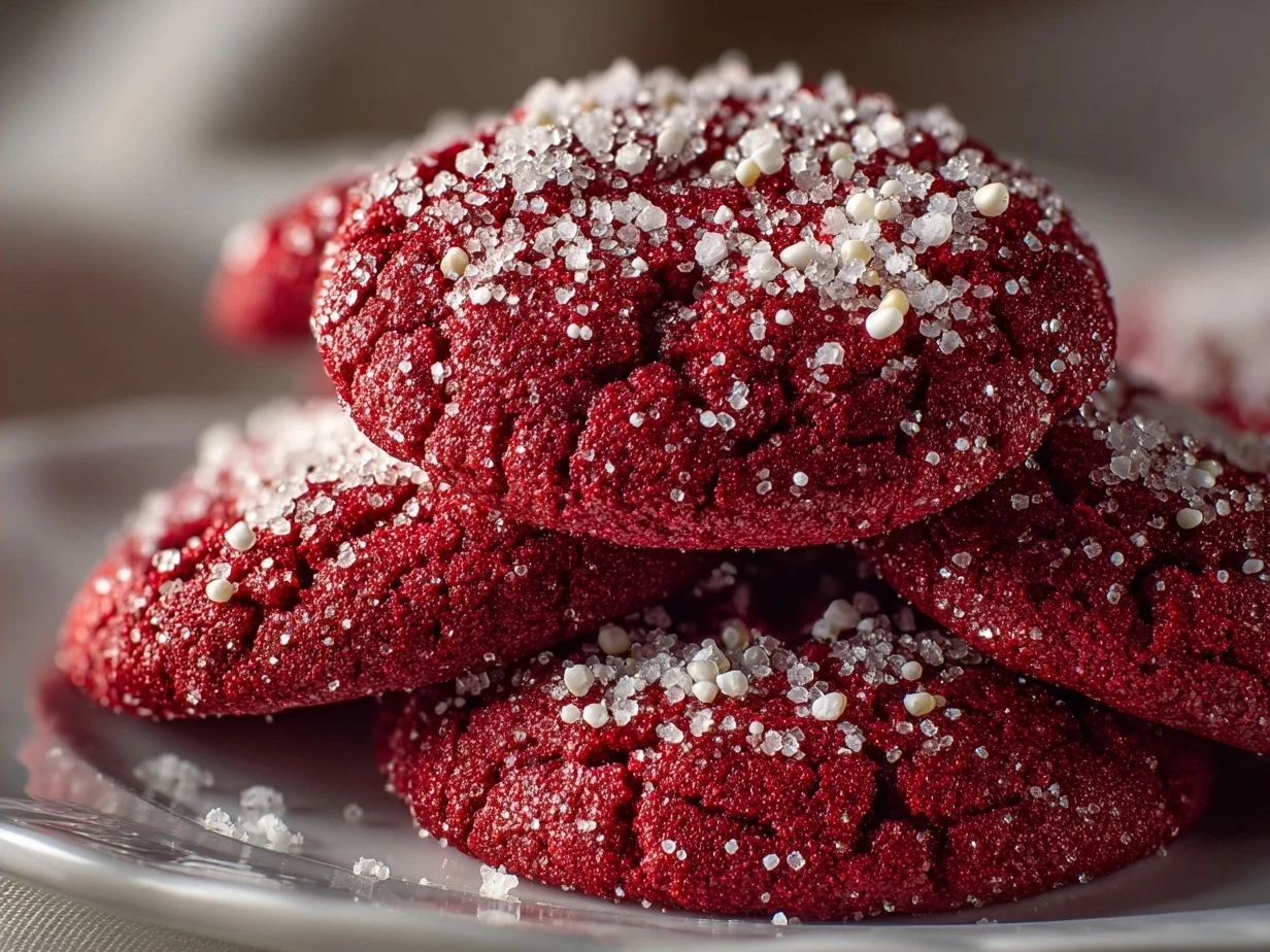 Stack of freshly baked Red Velvet Sugar Cookies with cream cheese frosting