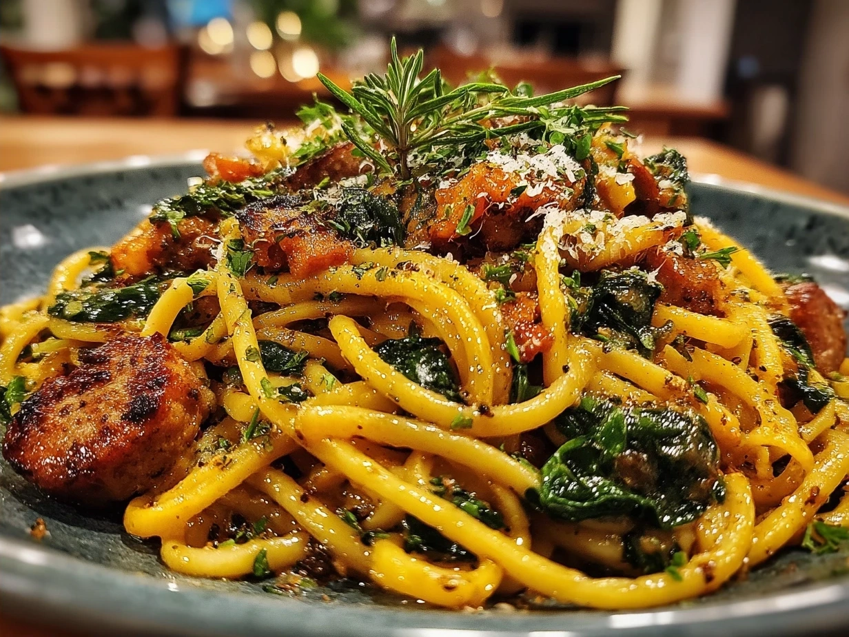 Final plated Roasted Butternut Squash Pasta with Sausage and Spinach garnished with Parmesan and fresh herbs