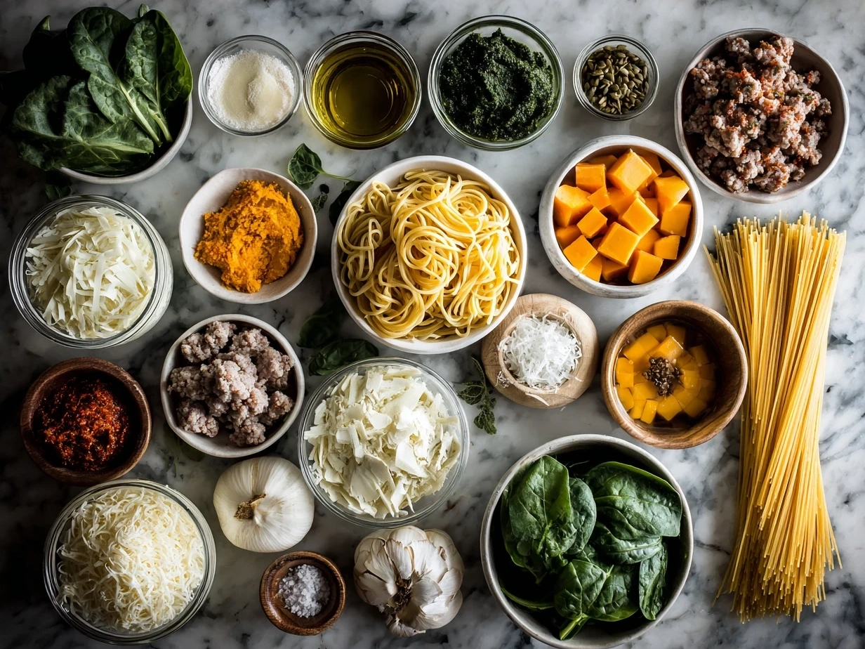 Fresh butternut squash, Italian sausage, spinach, garlic and Parmesan cheese for Roasted Butternut Squash Pasta with Sausage and Spinach