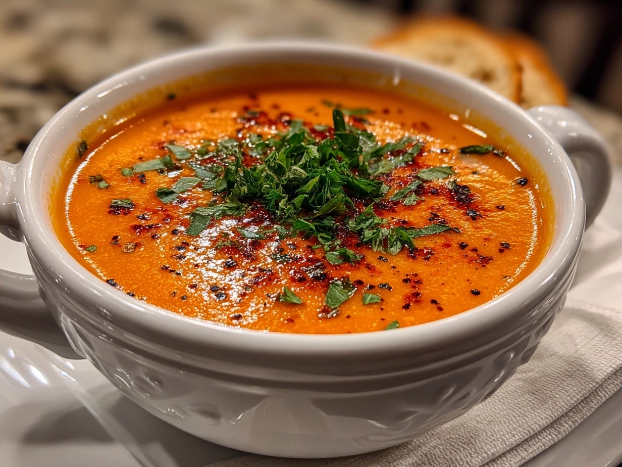 Creamy and smoky Roasted Red Pepper Gouda Soup served in a white bowl with garnish