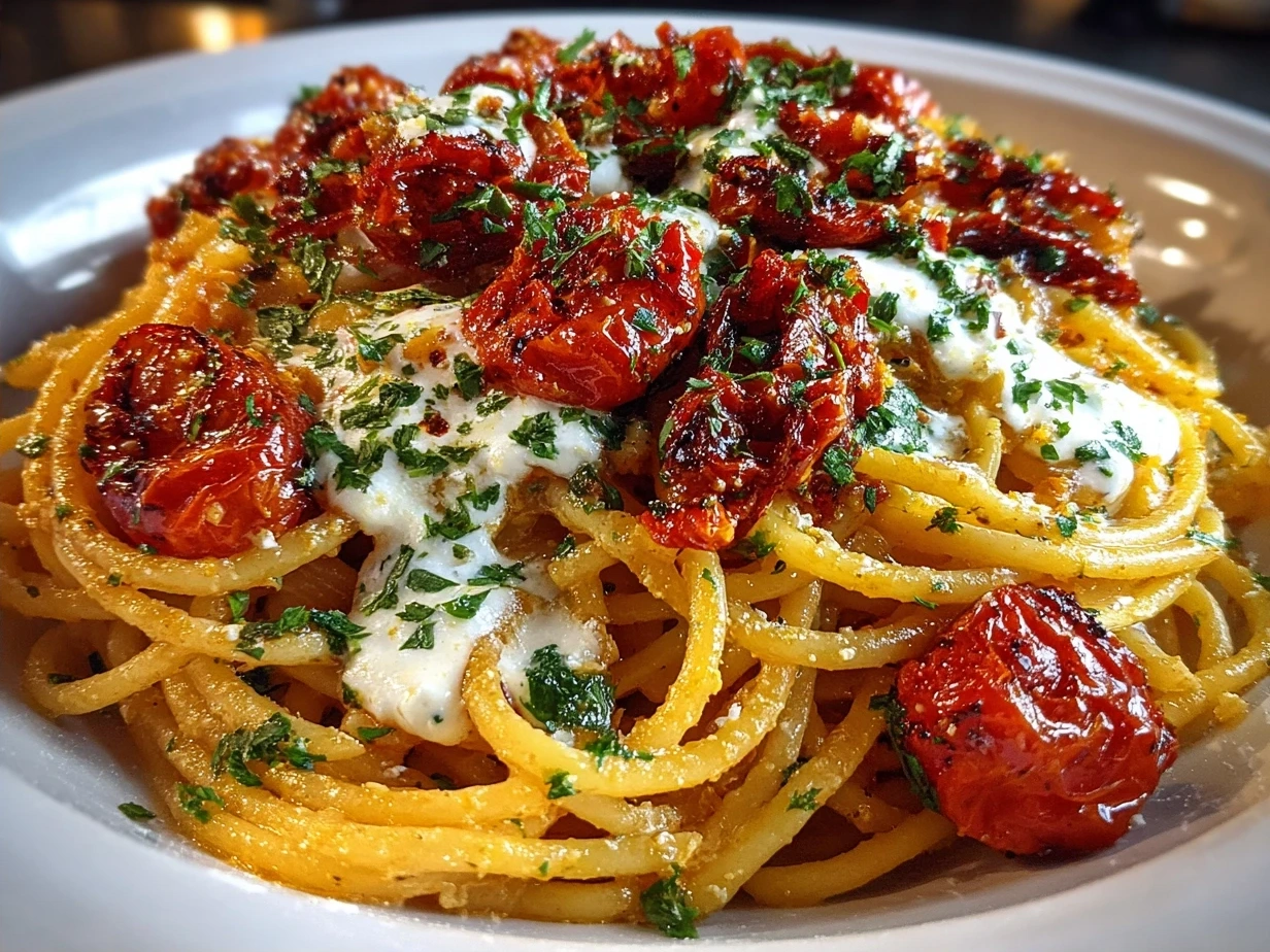 Deliciously plated Roasted Tomato Ricotta Pasta with fresh basil and a sprinkle of Parmesan cheese.