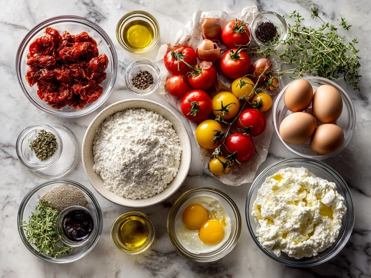 Ingredients for Roasted Tomato Ricotta Pasta including cherry tomatoes, ricotta, garlic, olive oil, and fresh basil.
