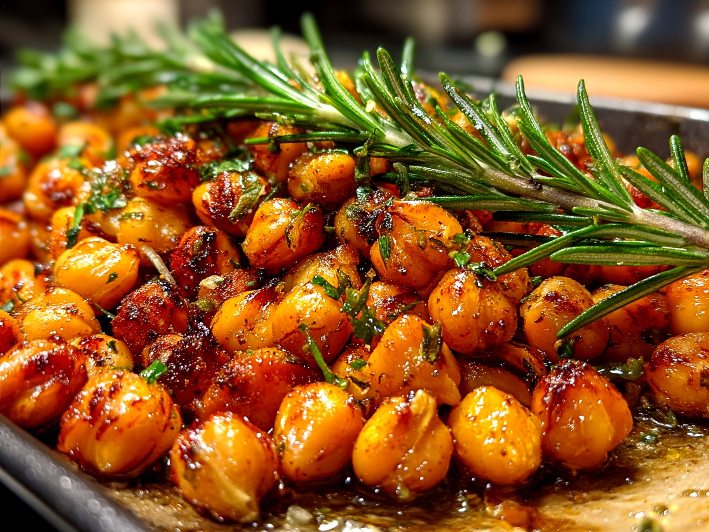 A bowl of rosemary lemon roasted chickpeas showing golden crunchy texture and fresh herb zest