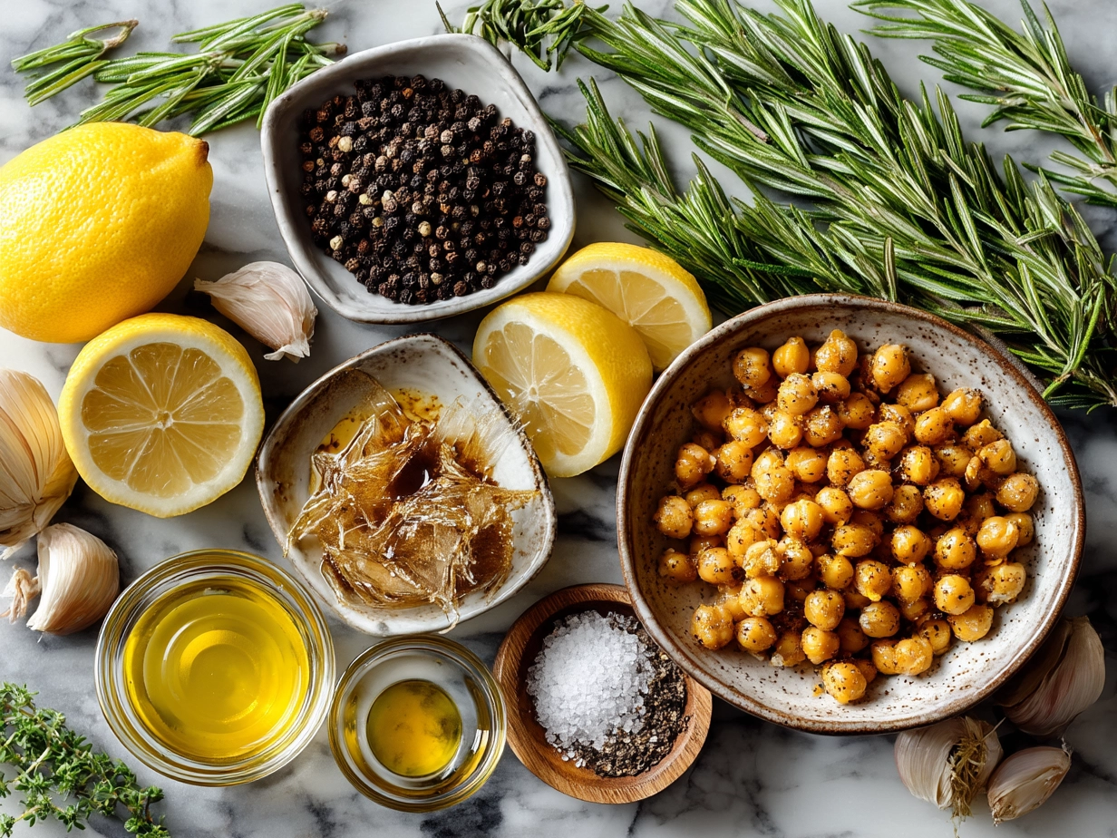 Ingredients for rosemary lemon roasted chickpeas: chickpeas, olive oil, fresh rosemary, lemon, and spices