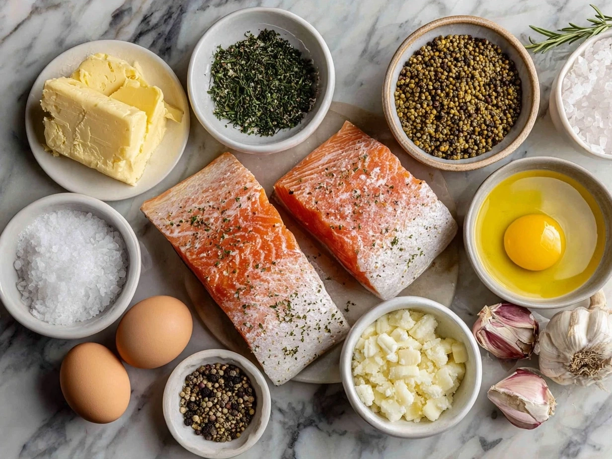 Ingredients for Salmon Piccata including fresh salmon fillets, lemon, butter, capers, parsley, and white wine