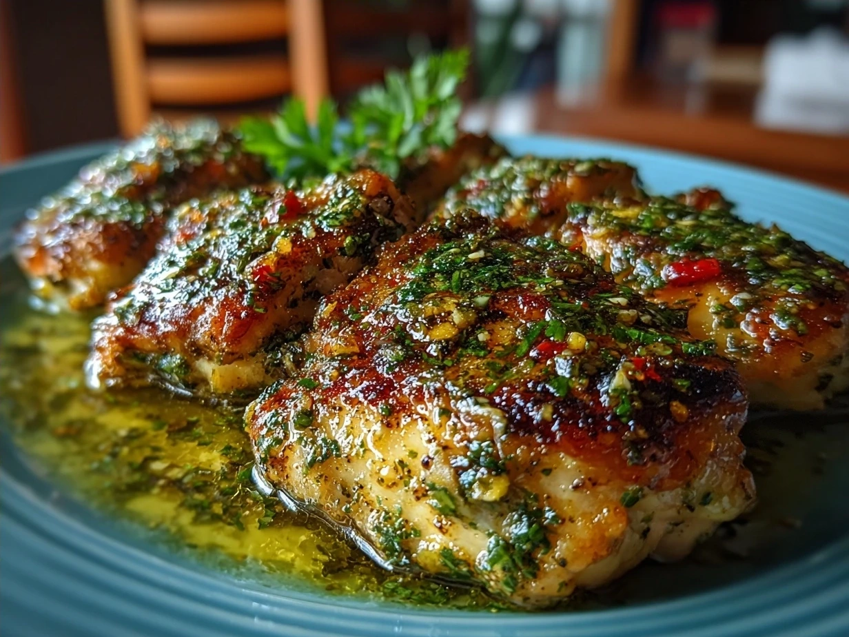 Finished plated salsa verde chicken with vibrant green sauce and fresh garnishes
