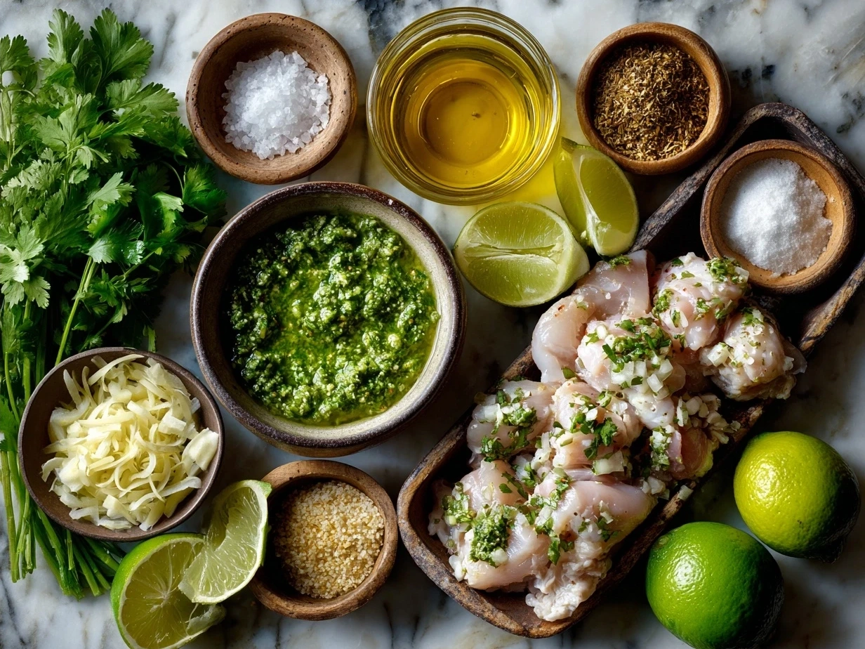 Ingredients for salsa verde chicken including fresh tomatillos, chicken thighs, jalapeño, onion, garlic, and cilantro