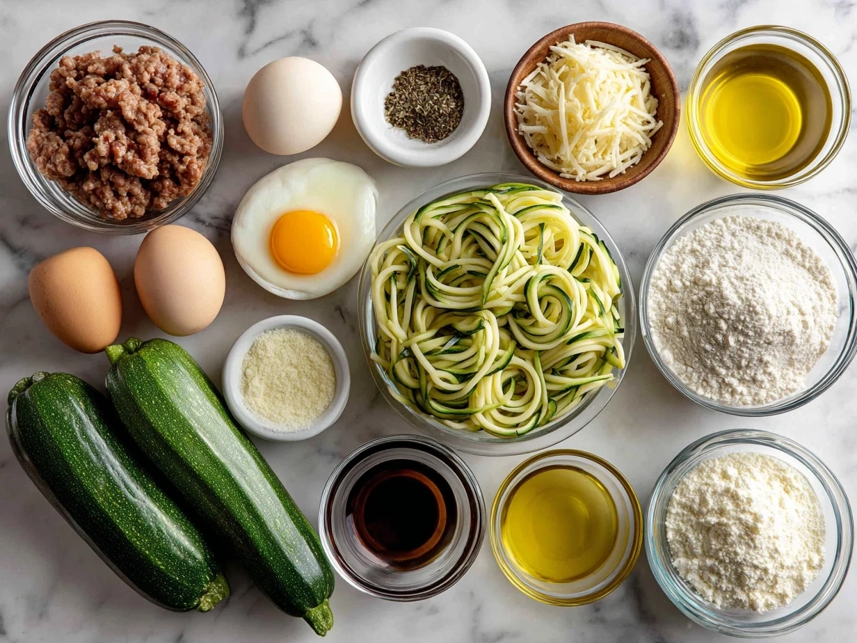 Ingredients for Sausage and Courgette Pasta including Italian sausage, courgettes, garlic, onions, tomatoes and Parmesan cheese