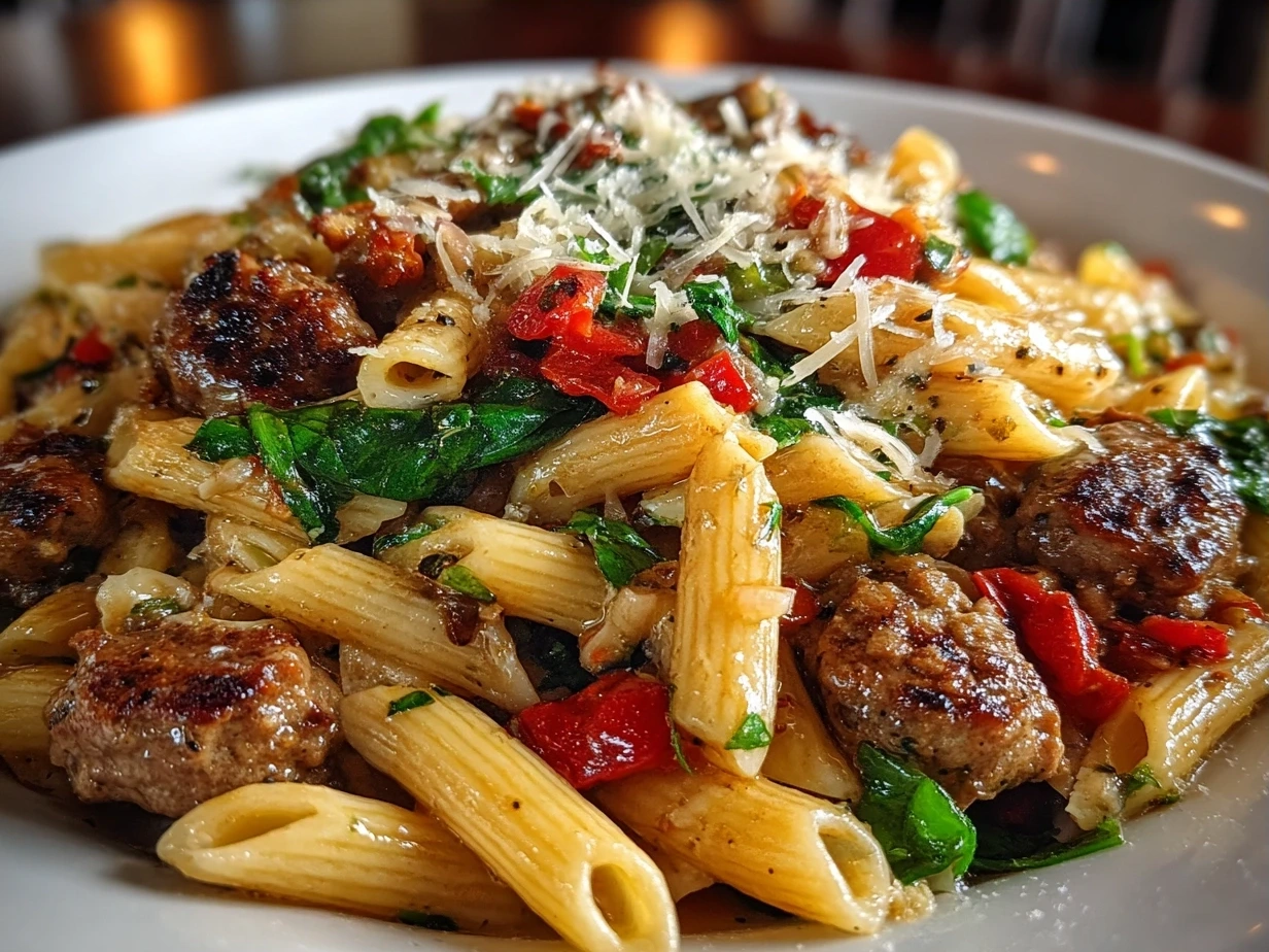 Final creamy and spicy sausage pasta served with fresh basil and grated Parmesan