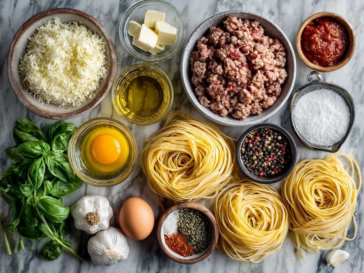 Ingredients for sausage pasta including Italian sausage, pasta, onion, garlic, cream, tomatoes, cheese, and herbs