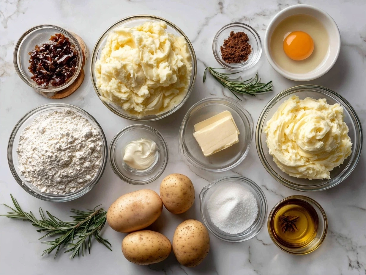 Ingredients for making creamy Scalloped Potatoes Recipe with potatoes, cheese, and spices