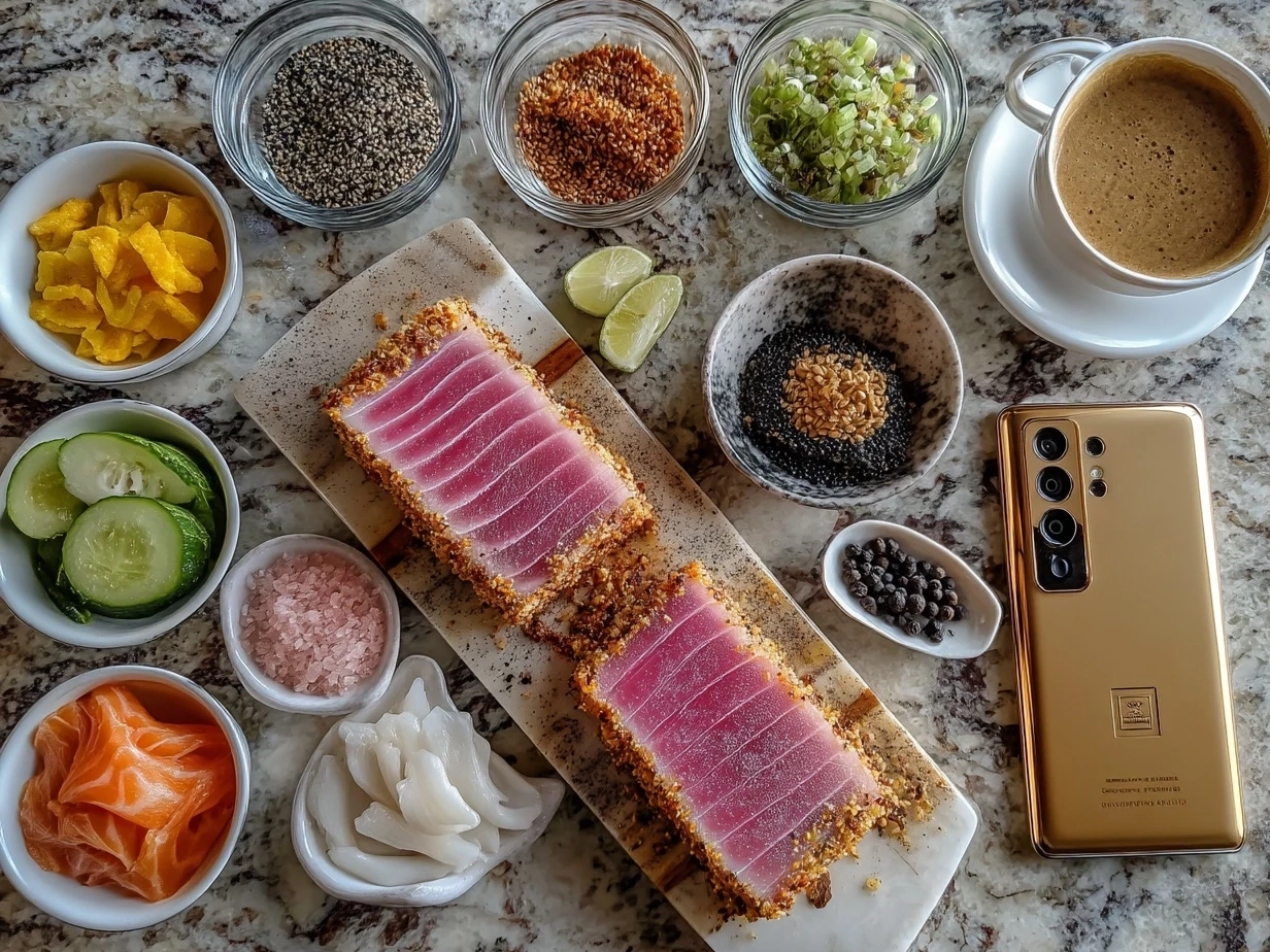 Ingredients for Sesame Crusted Ahi Tuna including tuna, sesame seeds, garlic and spices