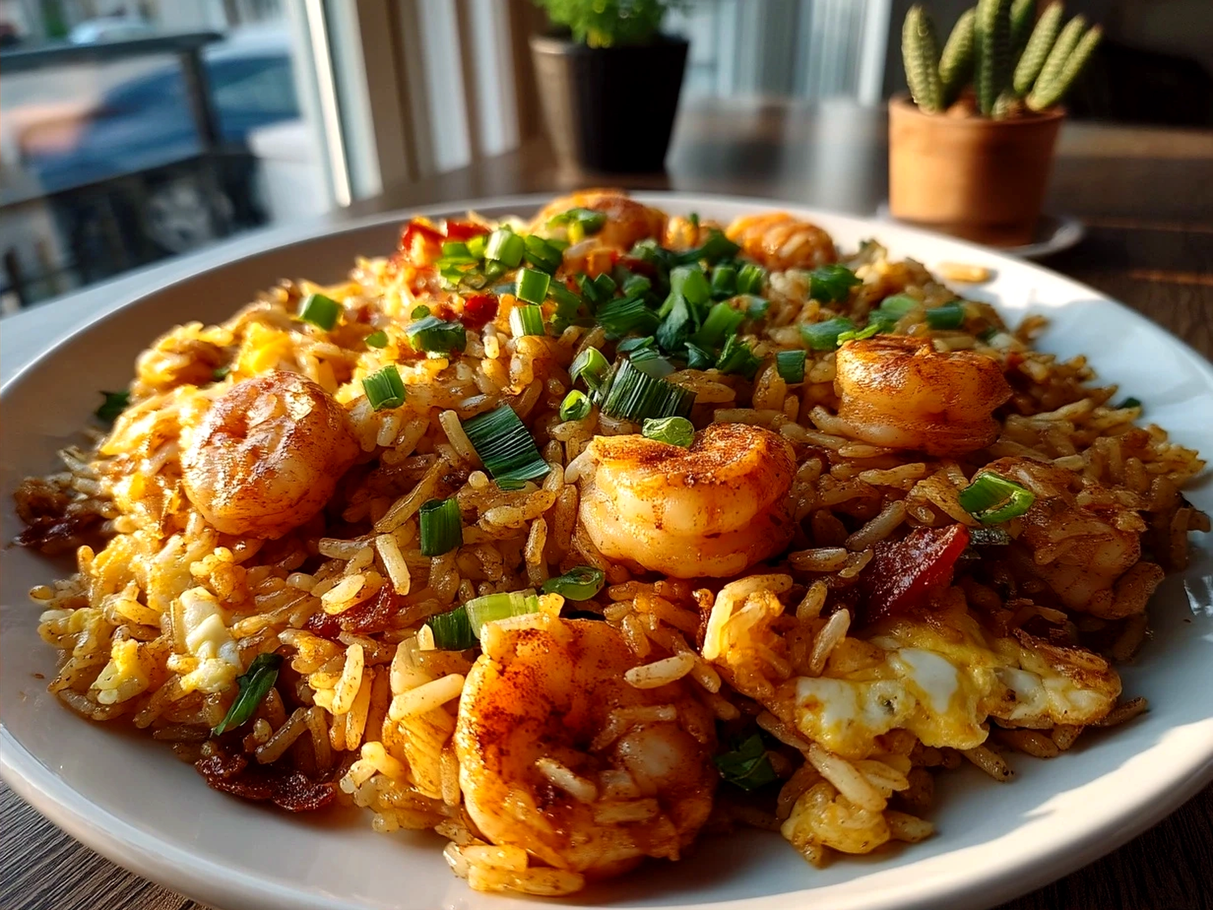 Serving bowl of Shrimp Dirty Rice garnished with green onions and parsley