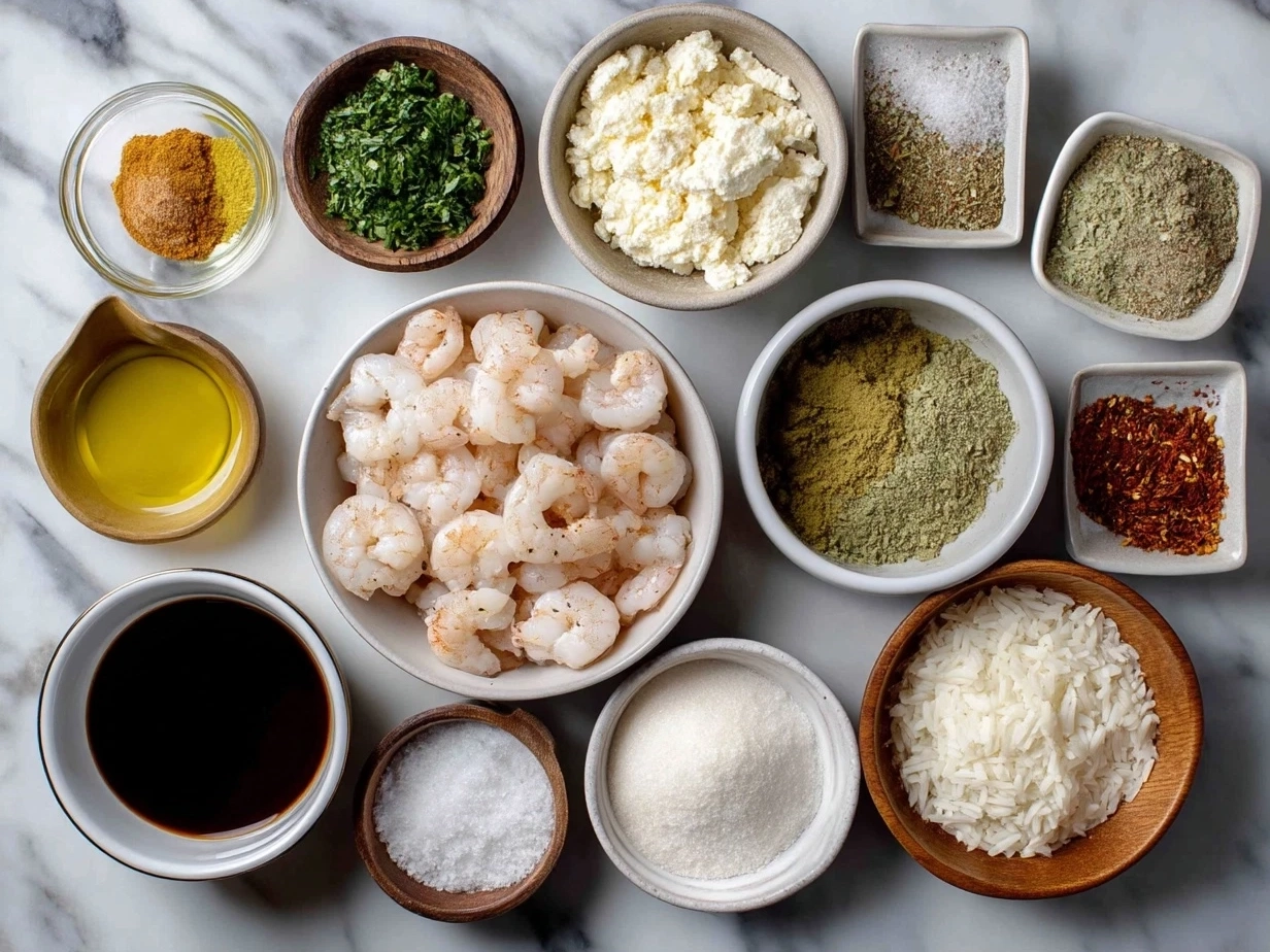 Ingredients for Shrimp Dirty Rice including shrimp, rice, peppers, and spices