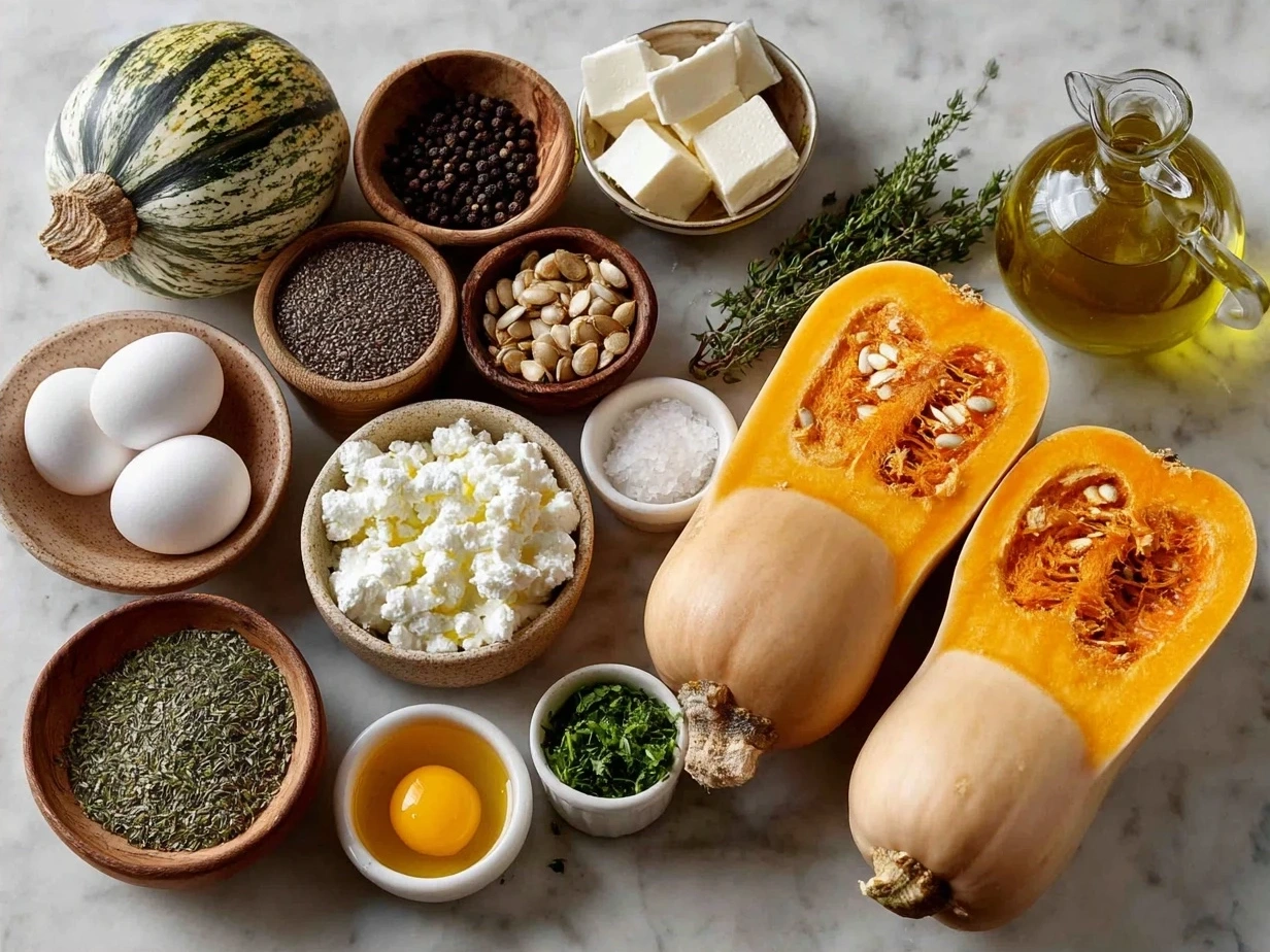 Ingredients for Simanim Stuffed Butternut Squash including butternut squash, brown rice, black-eyed peas, apricots, pecans, onions, and spices