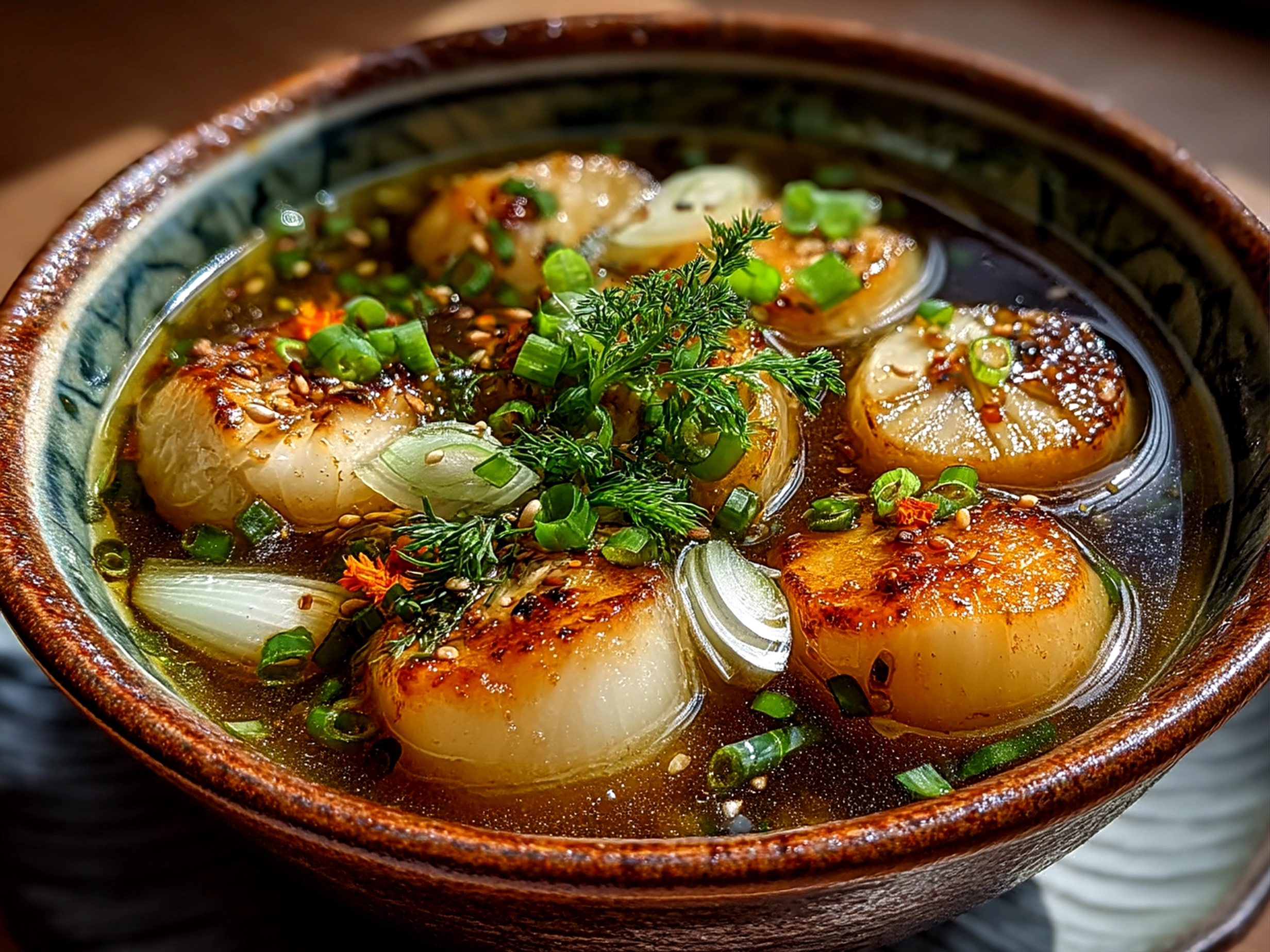 Slight angle close up of finished Japanese Onion Soup served in rustic bowl with scallions garnish