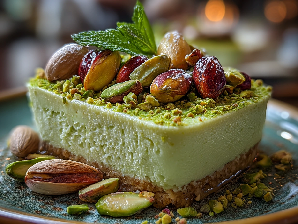 Slight angle close-up of finished Pistachio Lush Dessert showing creamy layers and chopped pistachios