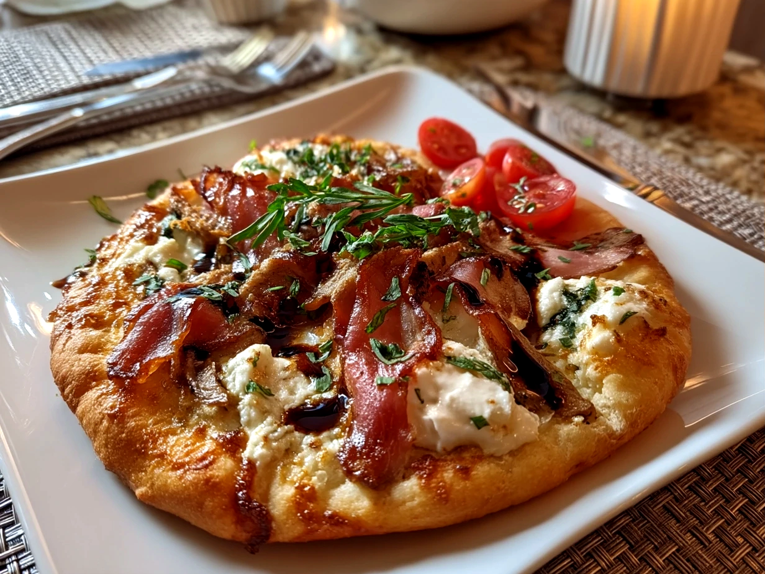 Slight angle close-up of finished White Pizza