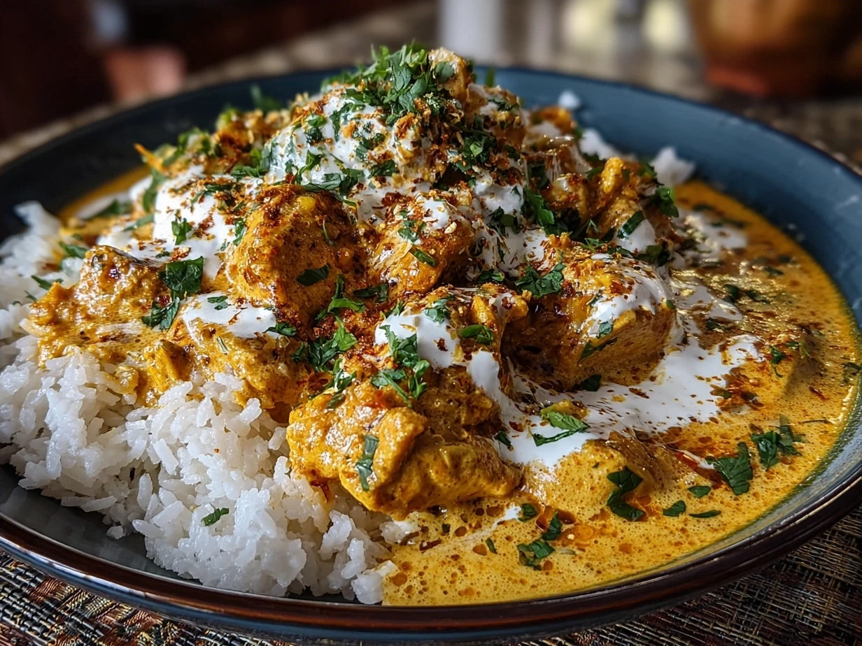 Creamy Slow Cooker Chicken Korma plated with fresh cilantro garnish