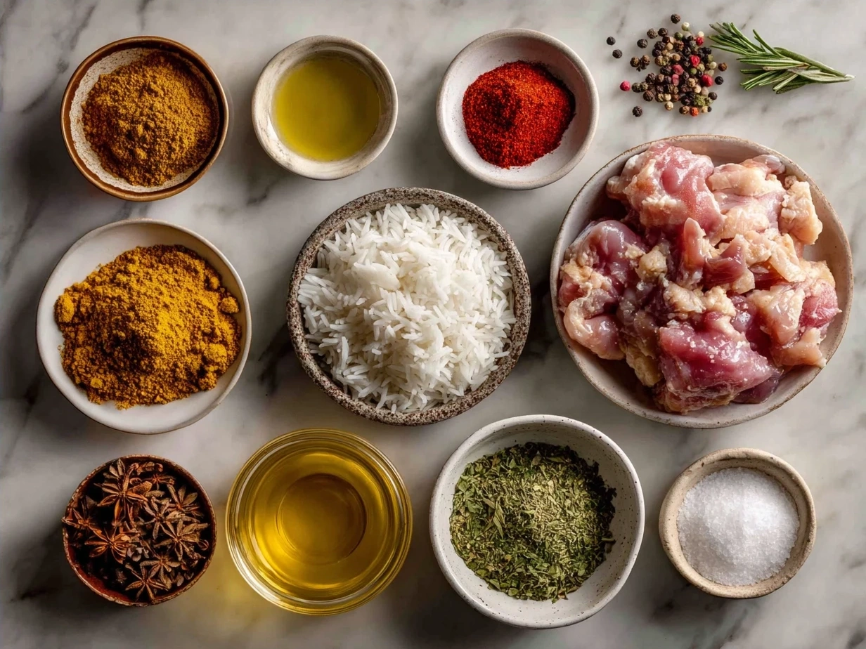 Ingredients for Slow Cooker Chicken Korma displayed on wooden table