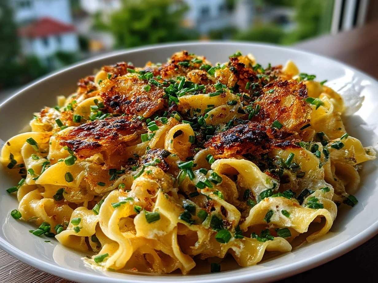 Finished plate of creamy Sour Cream and Onion Egg Noodles garnished with fresh herbs