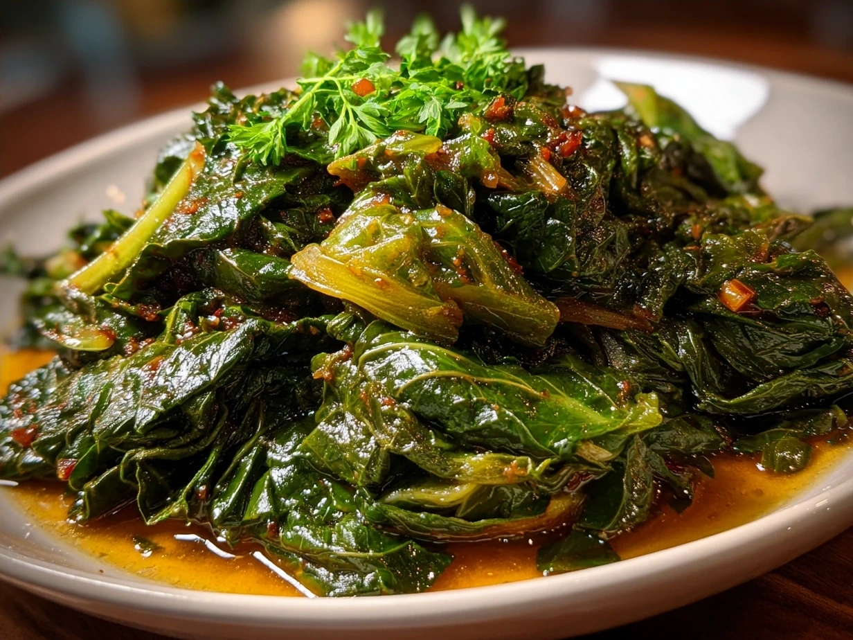 Final plated Southern turnip greens recipe with smoked meat and bacon