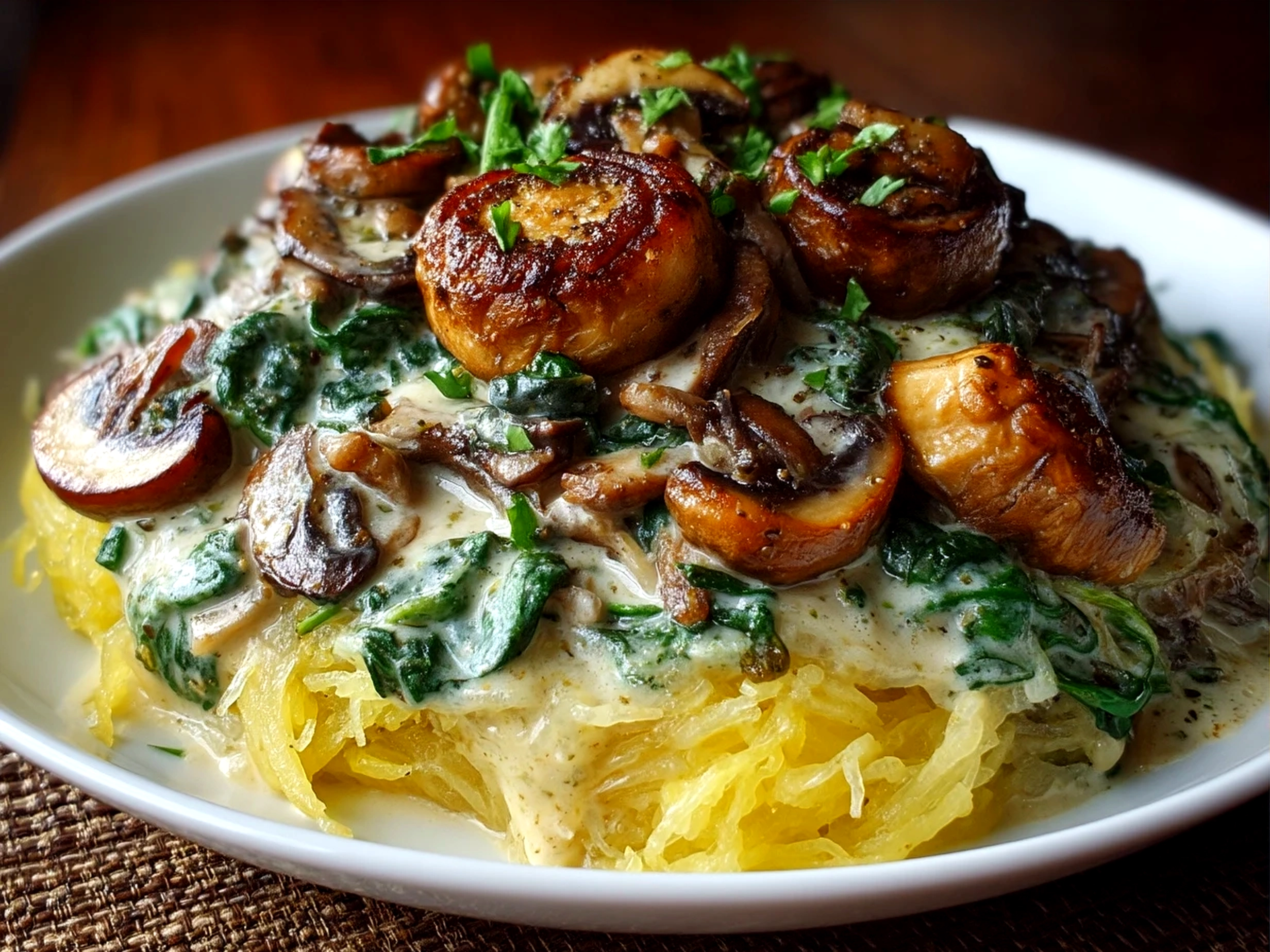 Serving Spaghetti Squash with Mushroom and Spinach Cream Sauce