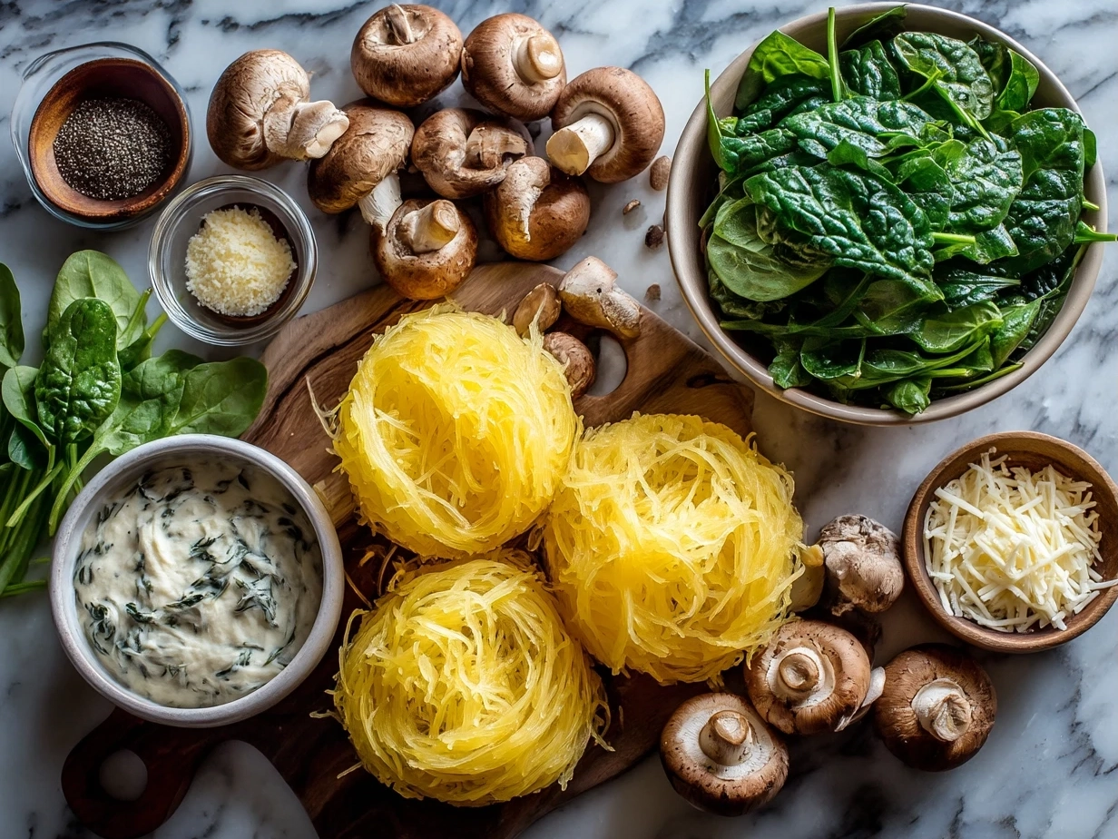 Ingredients for Spaghetti Squash with Mushroom and Spinach Cream Sauce