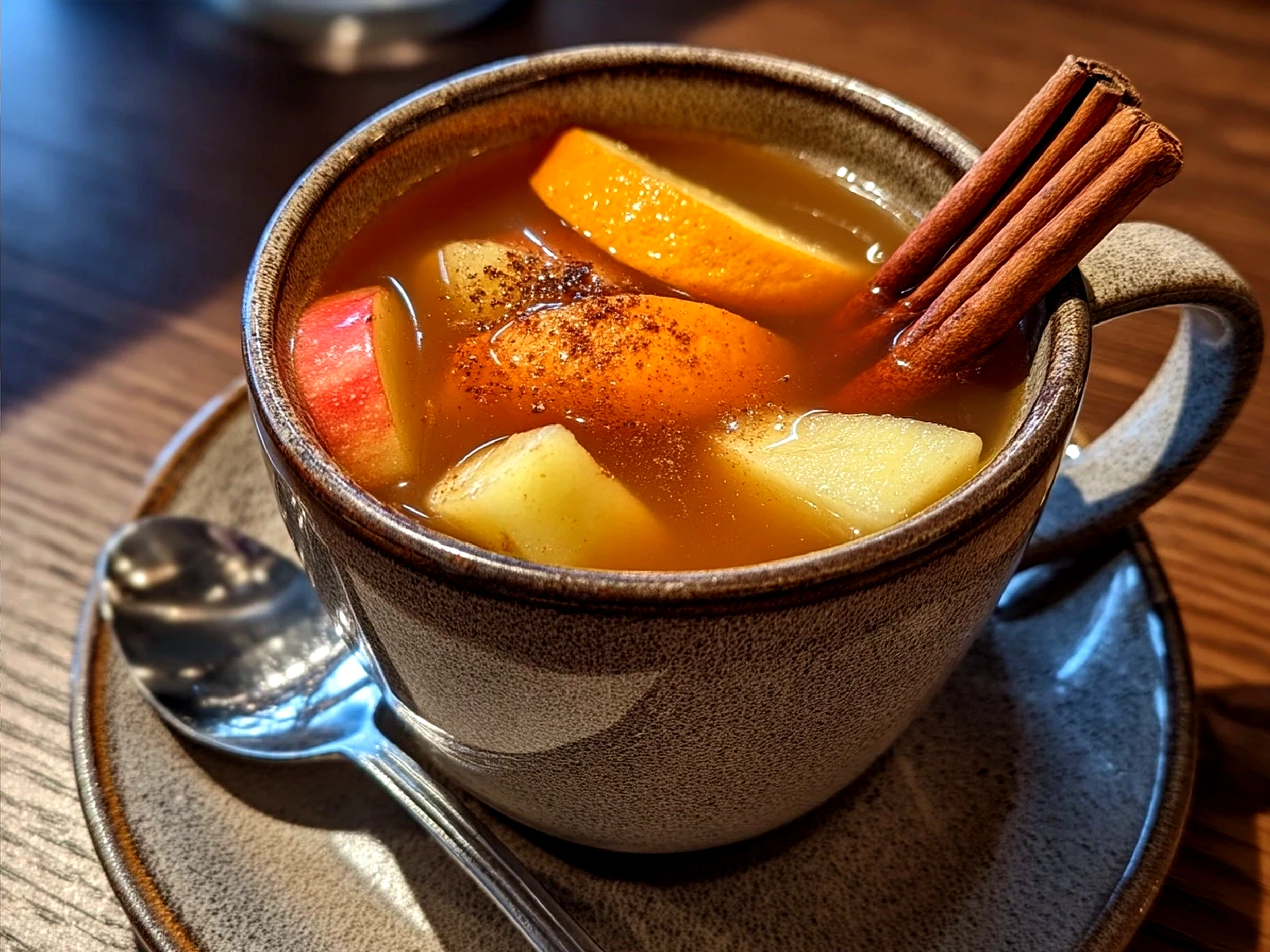 Serving Spiced Hot Apple Cider in rustic enamel cups with cinnamon sticks and orange peel