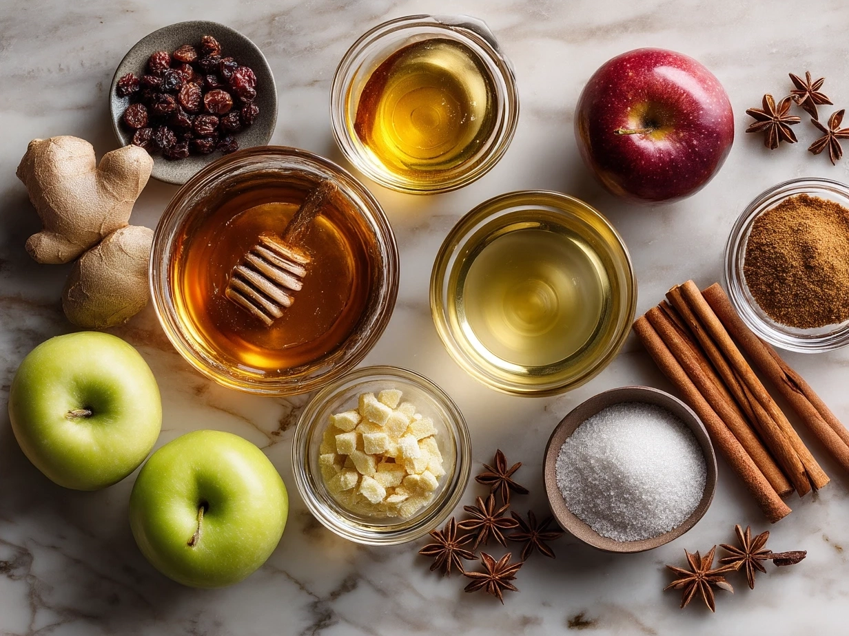 Ingredients for Spiced Hot Apple Cider including cinnamon sticks, cloves, nutmeg, apple cider, and orange slices
