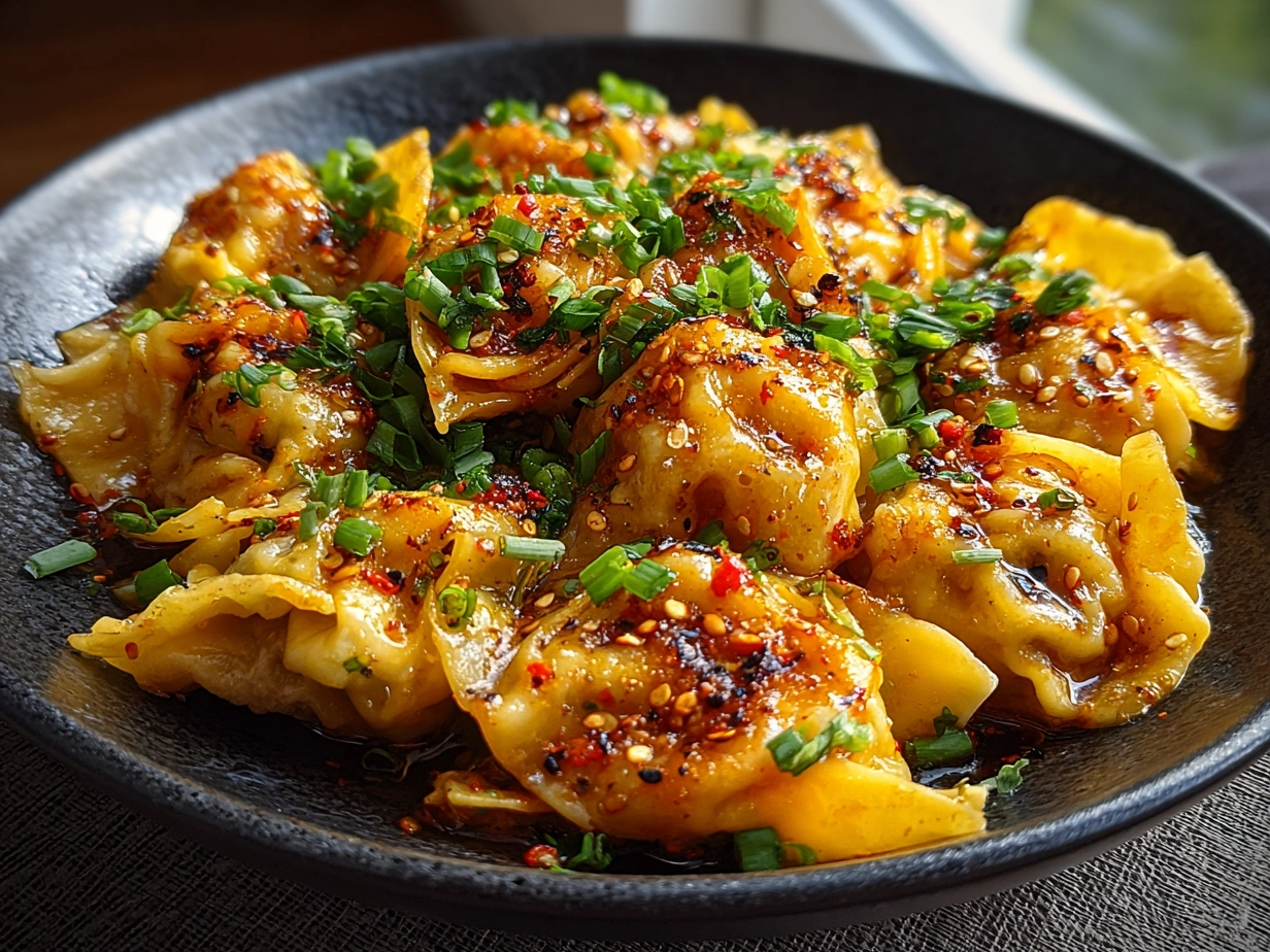 Final presentation of Spicy Wontons in Chilli Sauce garnished with cilantro and scallions in a stylish bowl