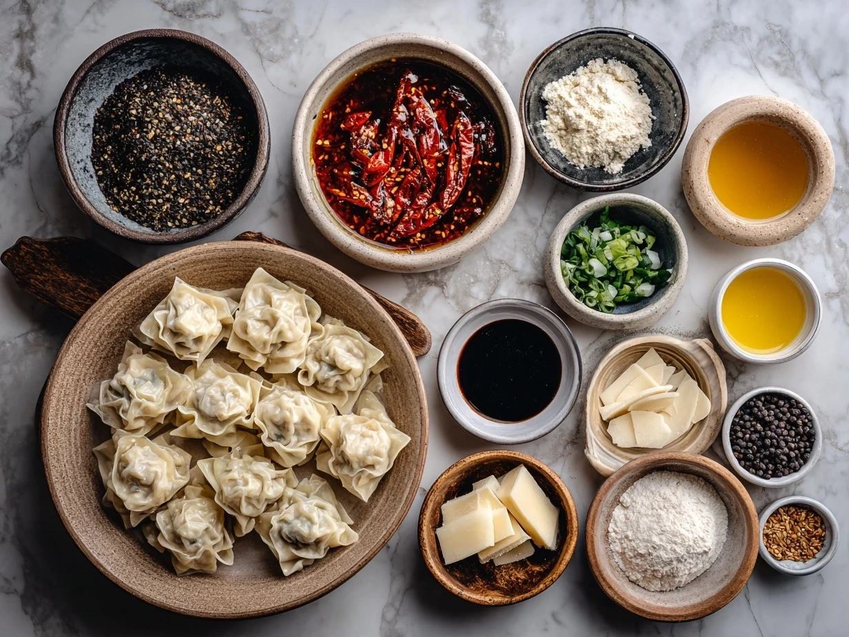 Ingredients for Spicy Wontons in Chilli Sauce including ground pork, wonton wrappers, soy sauce, chili oil, and fresh herbs
