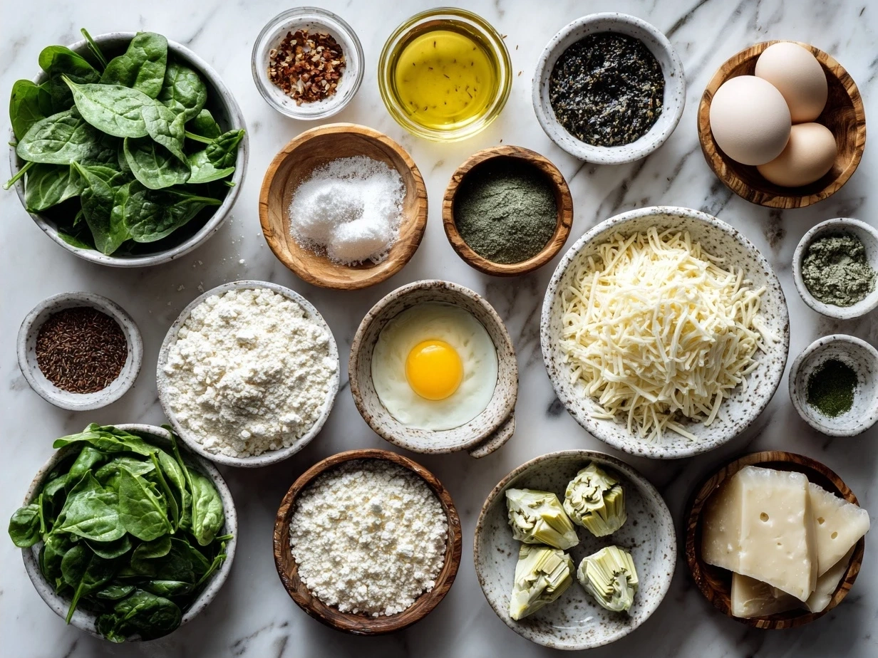 Ingredients for spinach artichoke dip including spinach, artichokes, cream cheese, sour cream, mayo, and cheeses