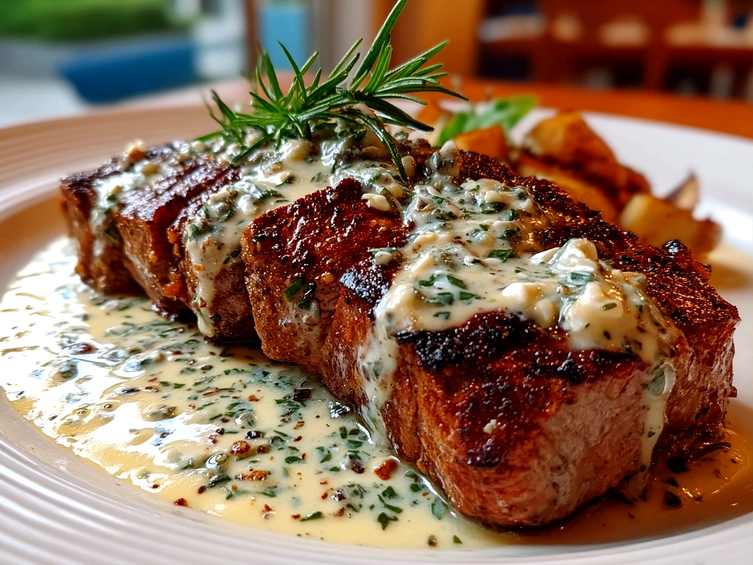Pan-seared ribeye steak with garlic cream sauce garnished with chopped parsley
