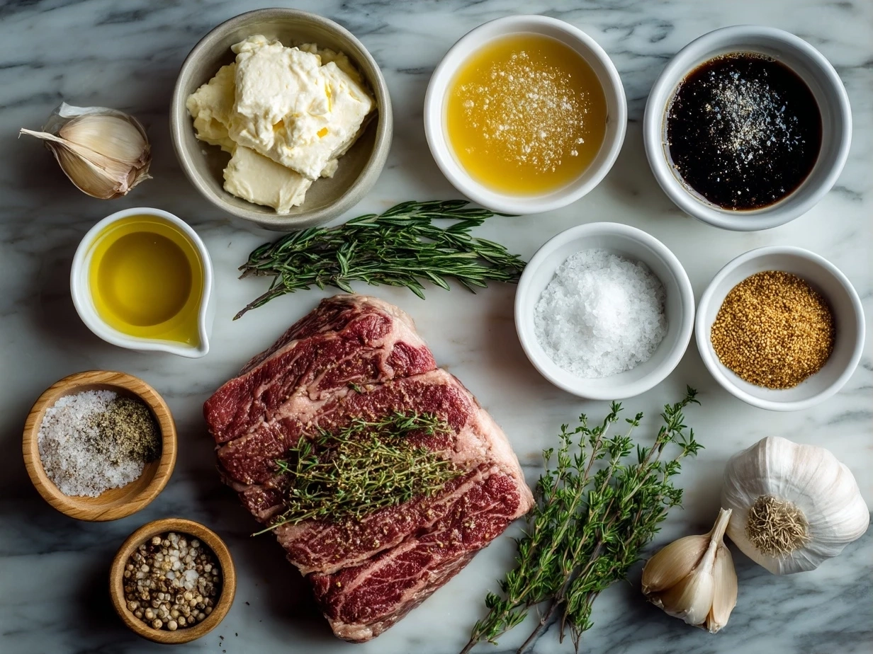 Ingredients for Steak with Garlic Cream Sauce including ribeye steaks, butter, garlic, cream, olive oil, salt, pepper, parsley