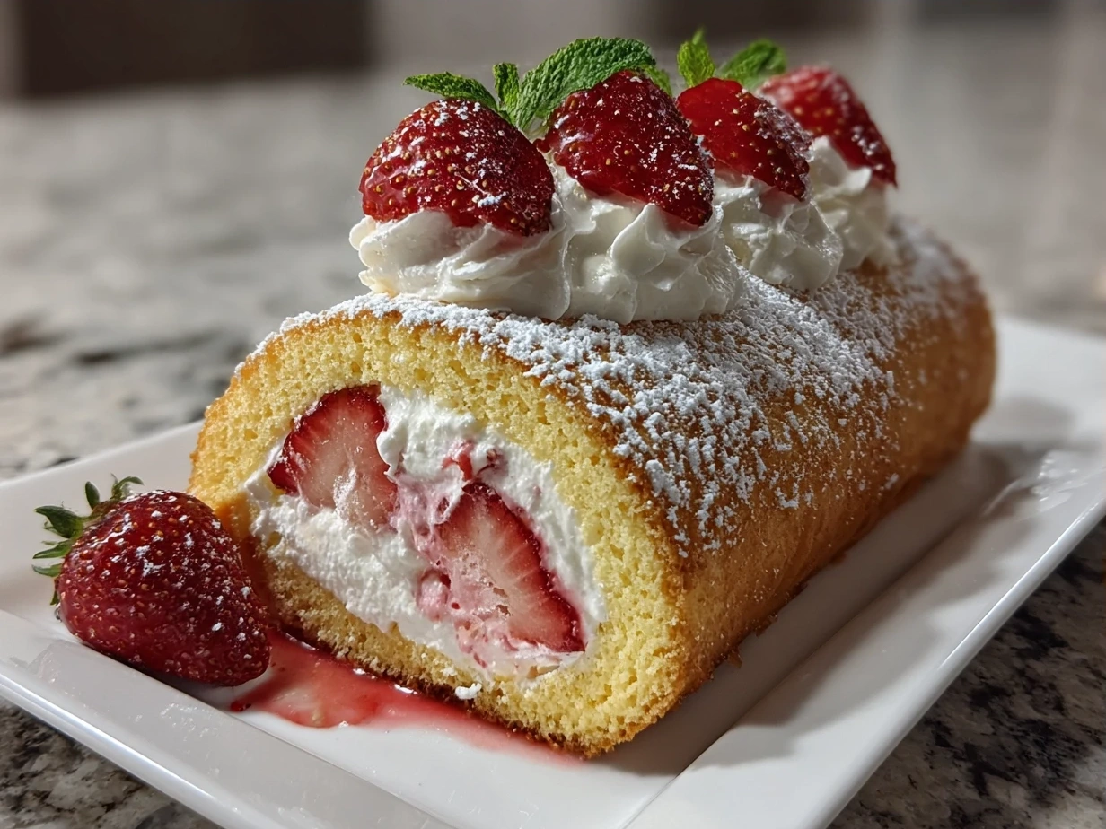 Finished Strawberry Cream Cake Roll decorated and sliced, ready to serve
