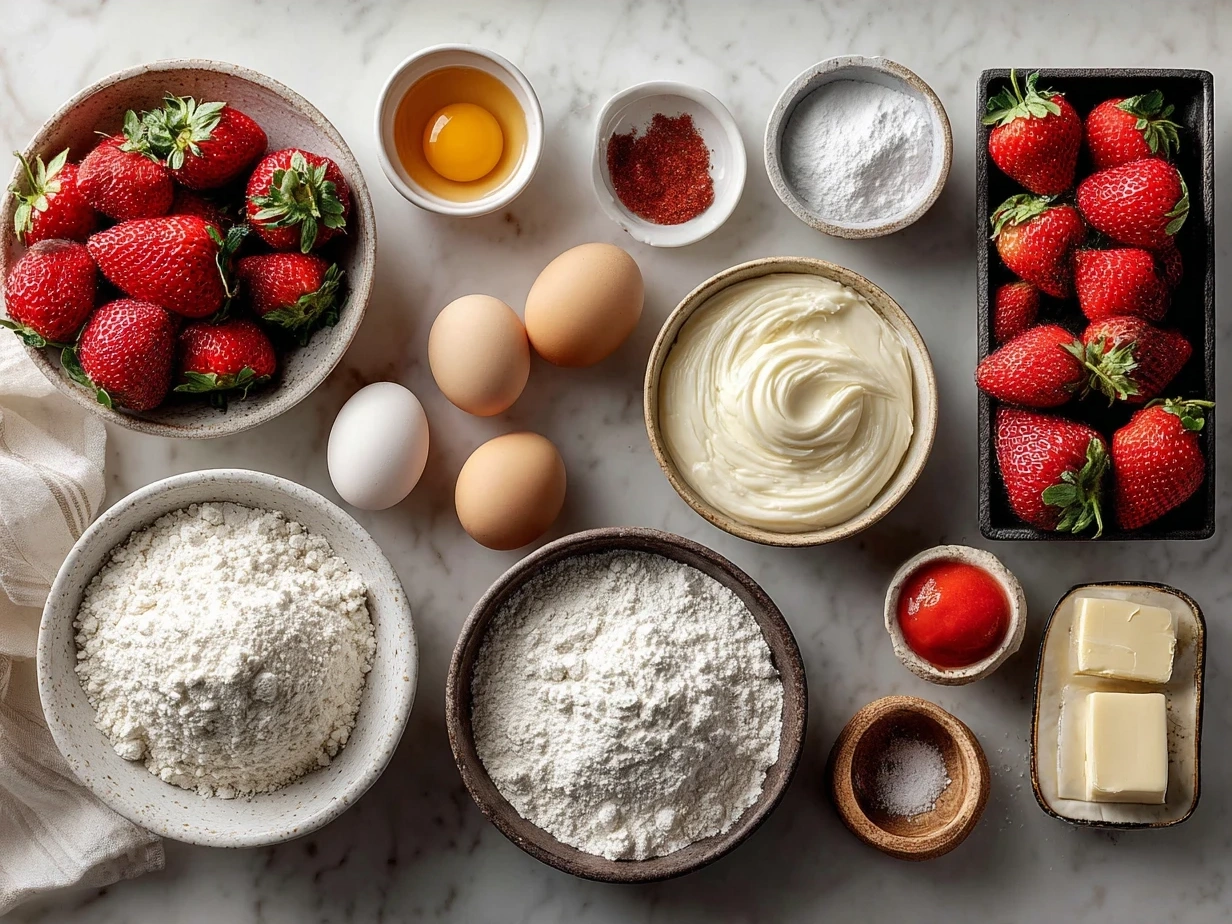 Ingredients for Strawberry Cream Cake Roll including eggs, sugar, mascarpone, strawberries