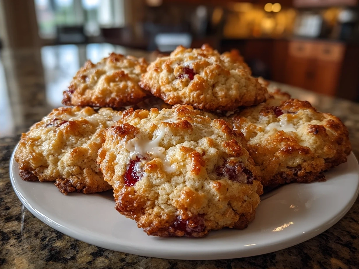 Stacked Strawberry Crunch Cookies showcasing their crispy golden edges and berry texture