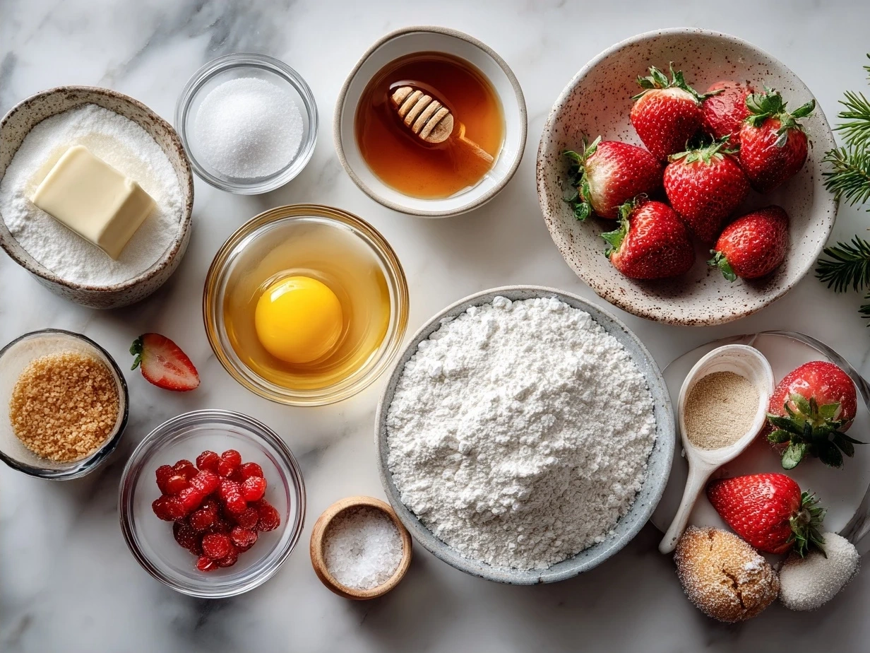 Ingredients for Strawberry Crunch Cookies laid out on a kitchen table