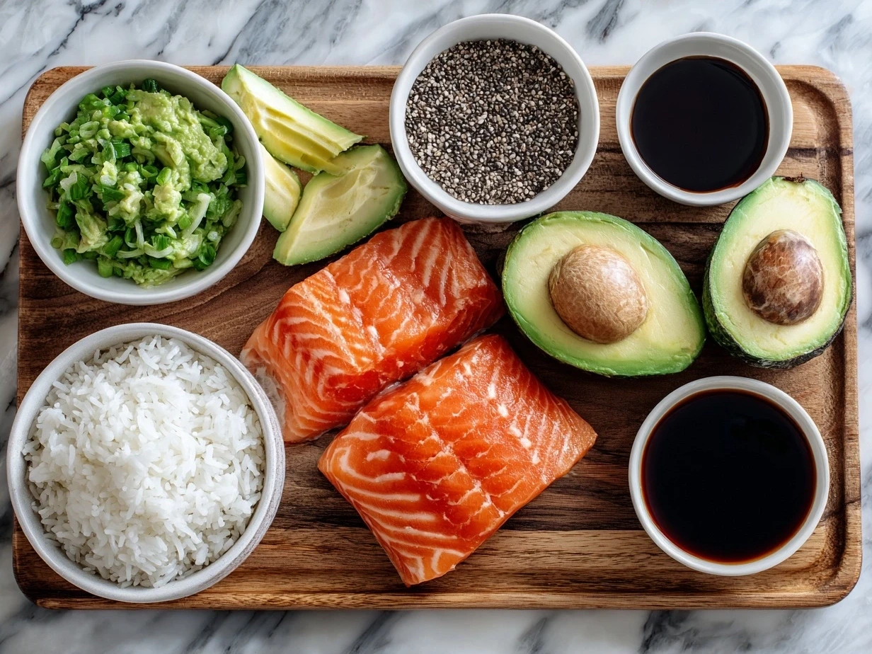 Ingredients for Teriyaki Salmon Avocado Rice laid out on a wooden table