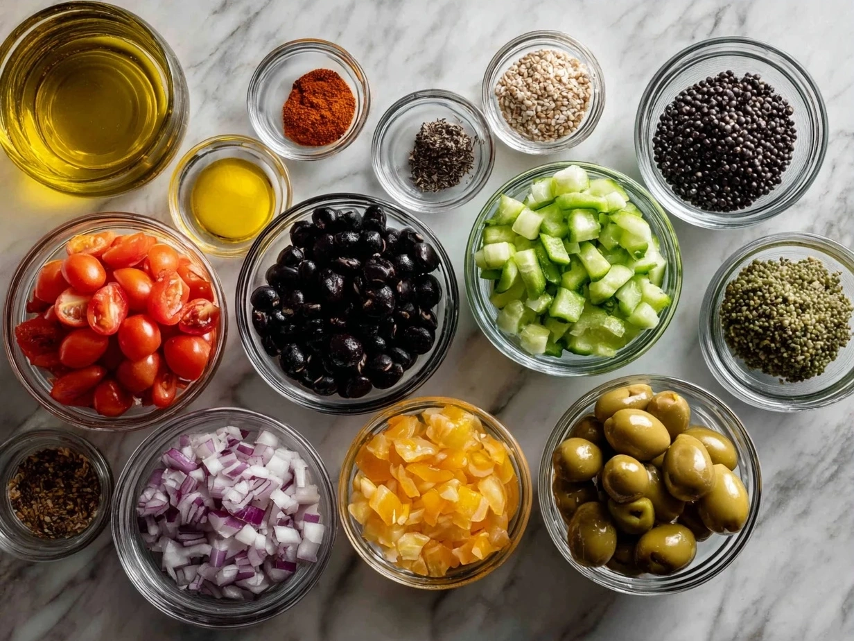 Ingredients for Homemade Texas Caviar including black-eyed peas, corn, red bell pepper, onions, cilantro, and lime