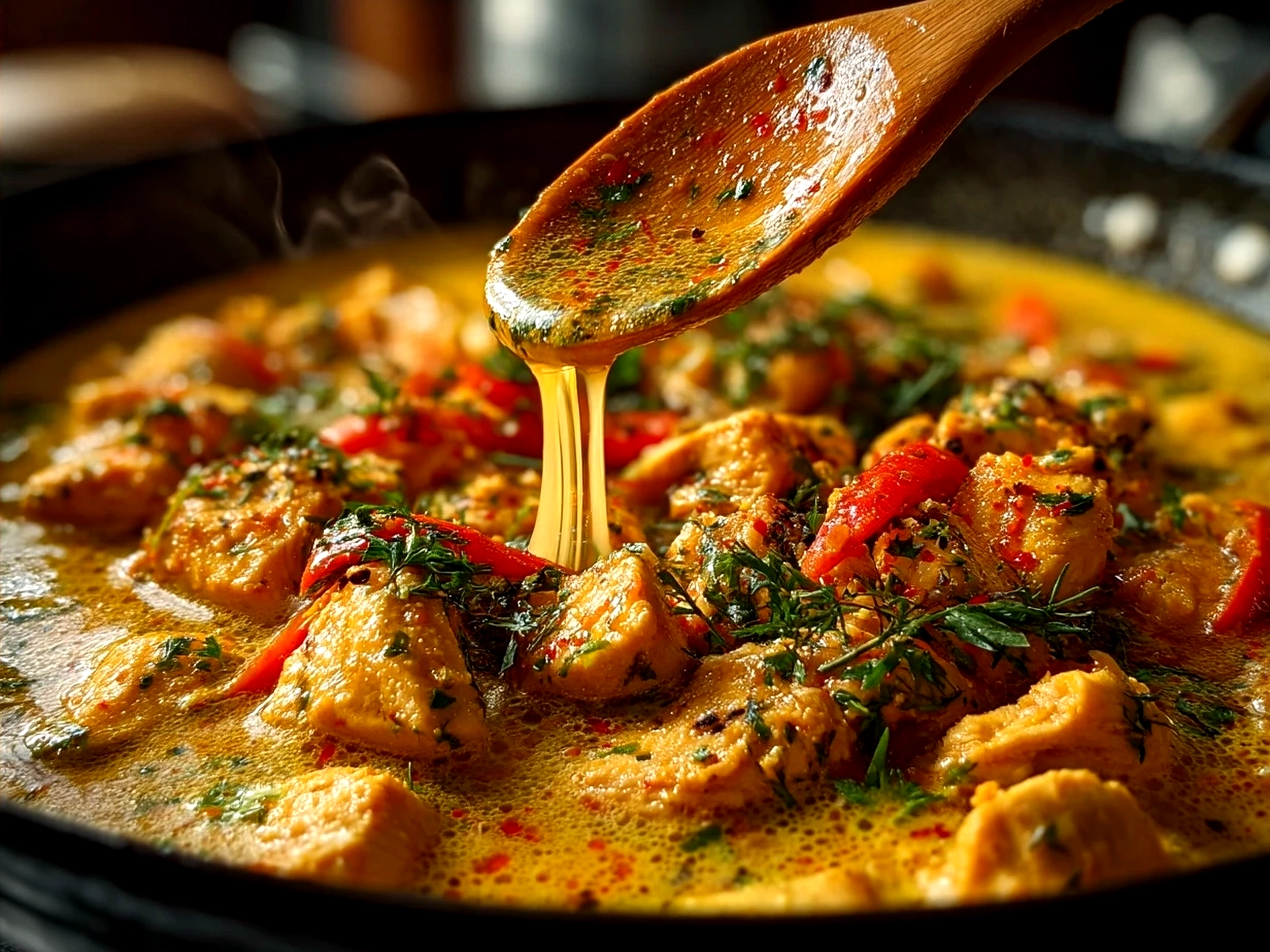 Served Thai Chicken Coconut Curry over jasmine rice garnished with fresh basil and lime wedges