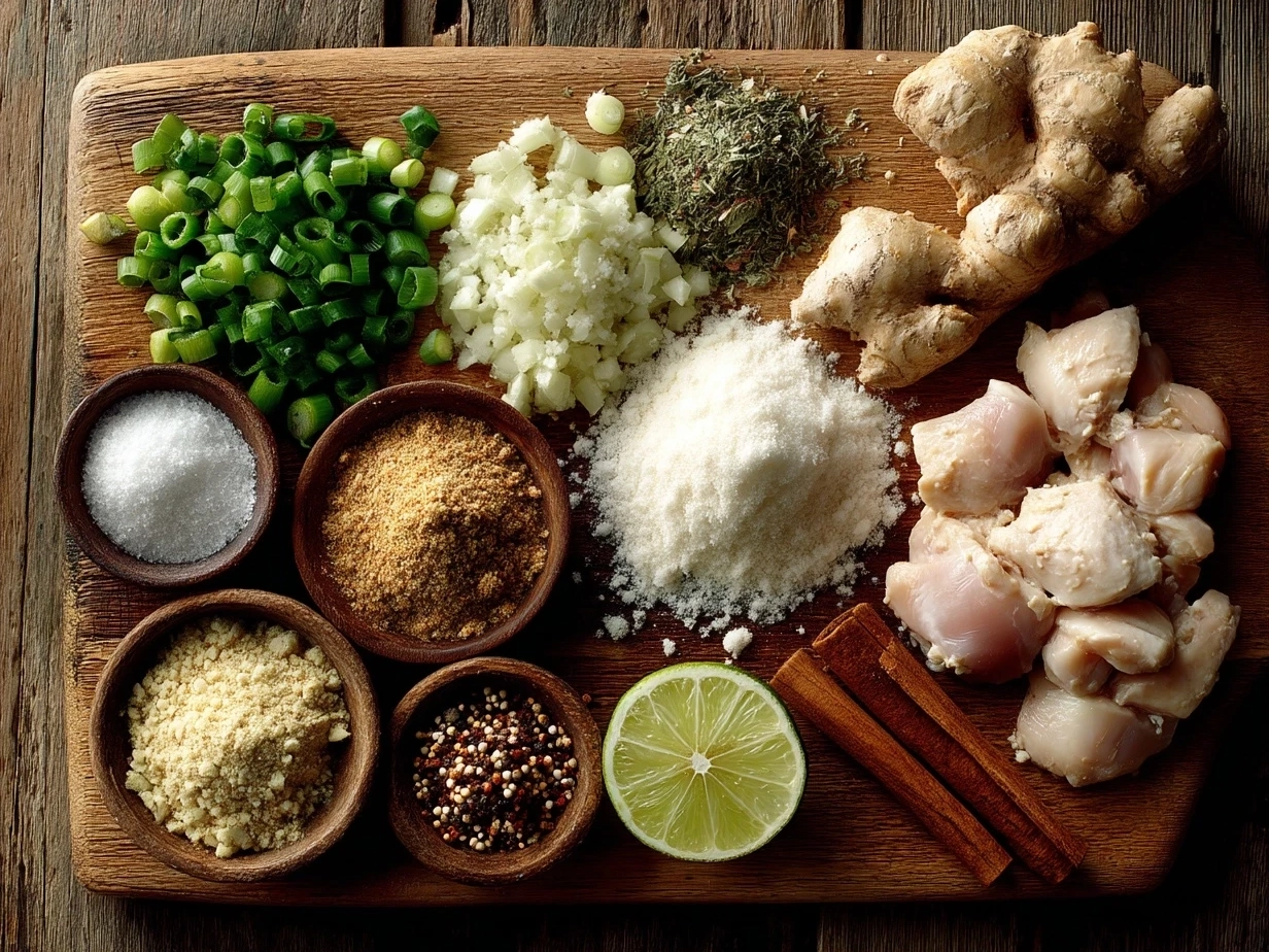 Ingredients for Thai Chicken Coconut Curry laid out including chicken, coconut milk, red curry paste, and vegetables
